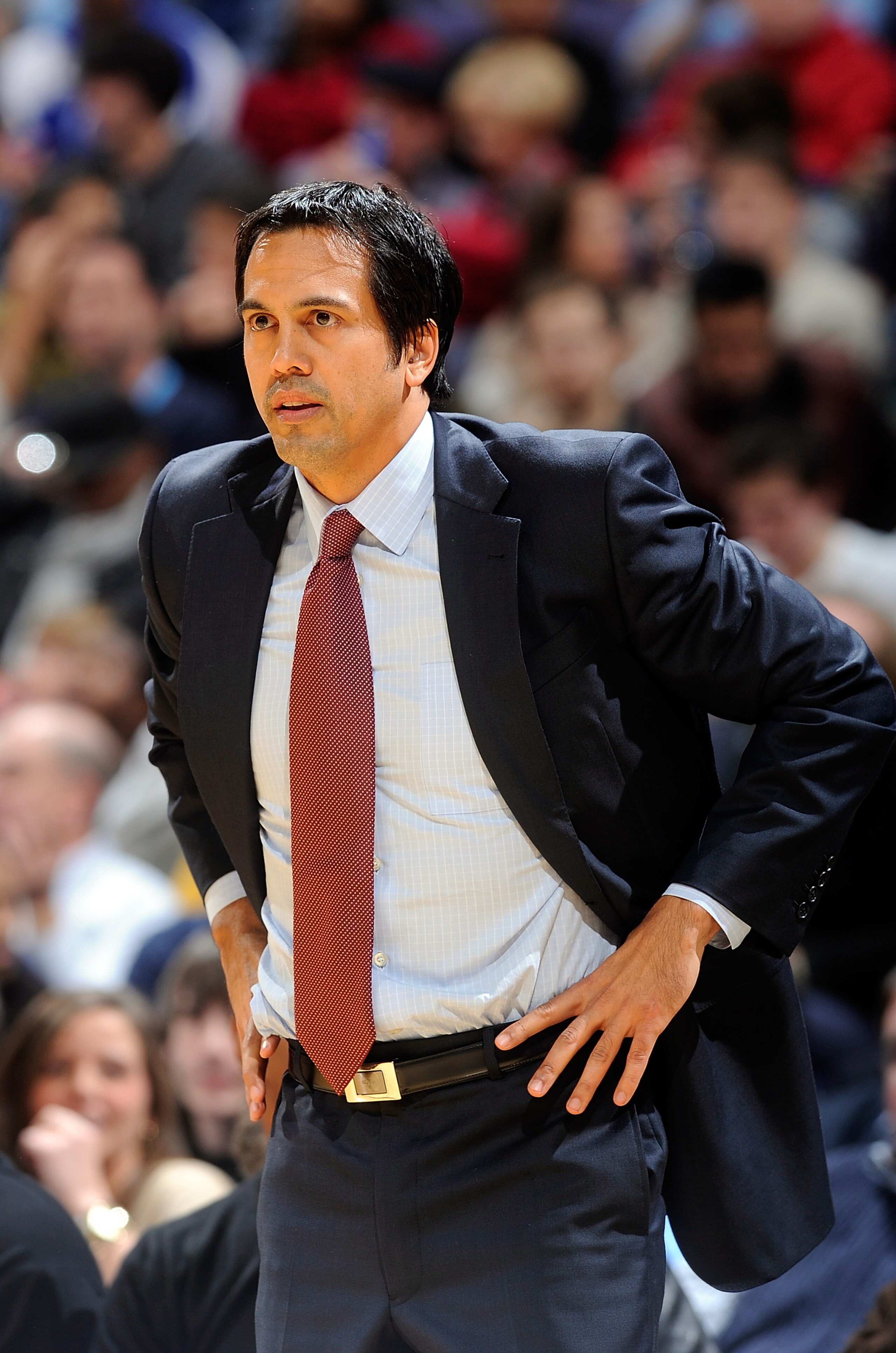 WASHINGTON, DC - DECEMBER 18:  Head coach Eric Spoelstra of the Miami Heat watches the game against the Washington Wizards at the Verizon Center on December 18, 2010 in Washington, DC. NOTE TO USER: User expressly acknowledges and agrees that, by download