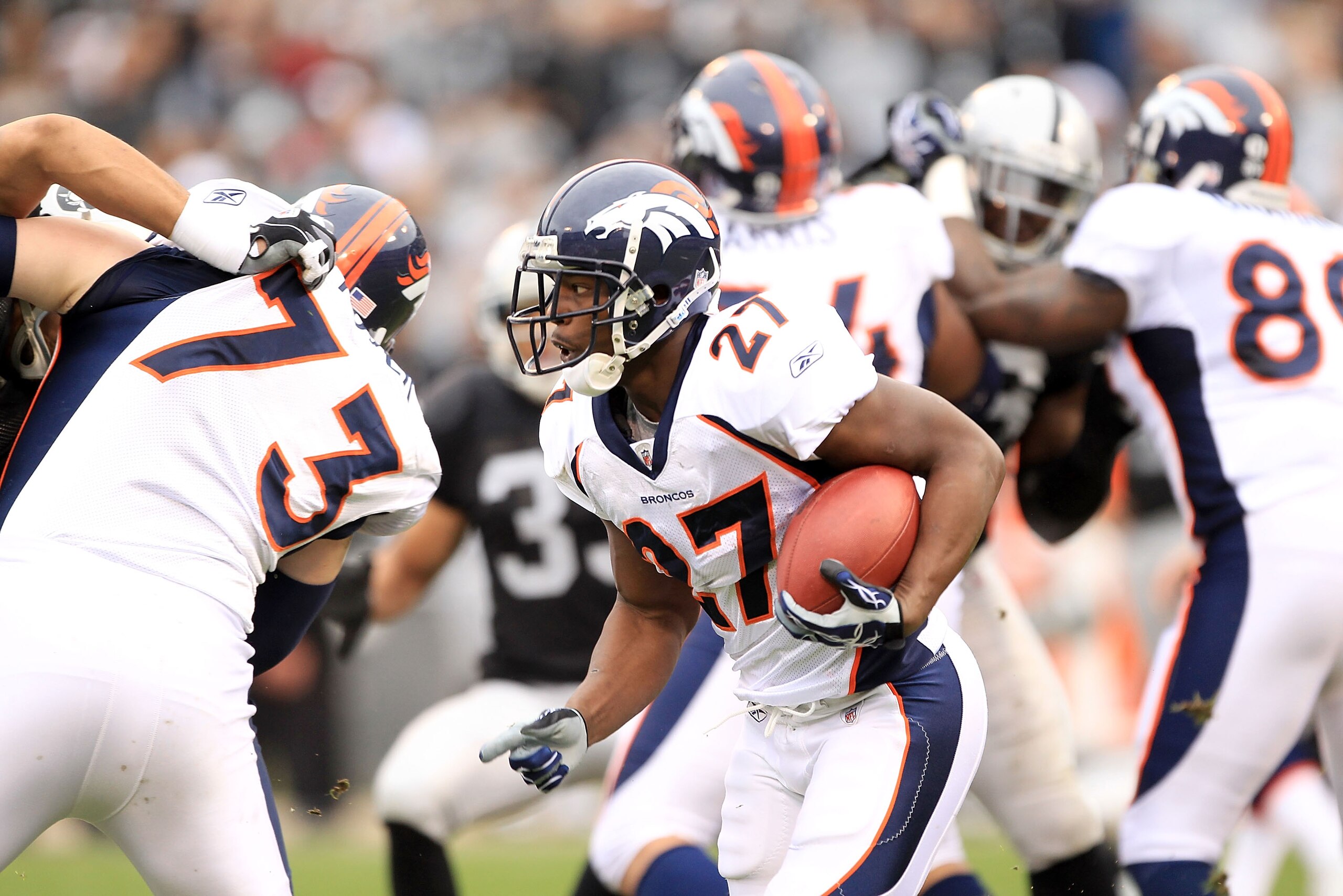 OAKLAND, CA - DECEMBER 19:  Knowshon Moreno #27 of the Denver Broncos runs with the ball during their game against the Oakland Raiders at Oakland-Alameda County Coliseum on December 19, 2010 in Oakland, California.  (Photo by Ezra Shaw/Getty Images)