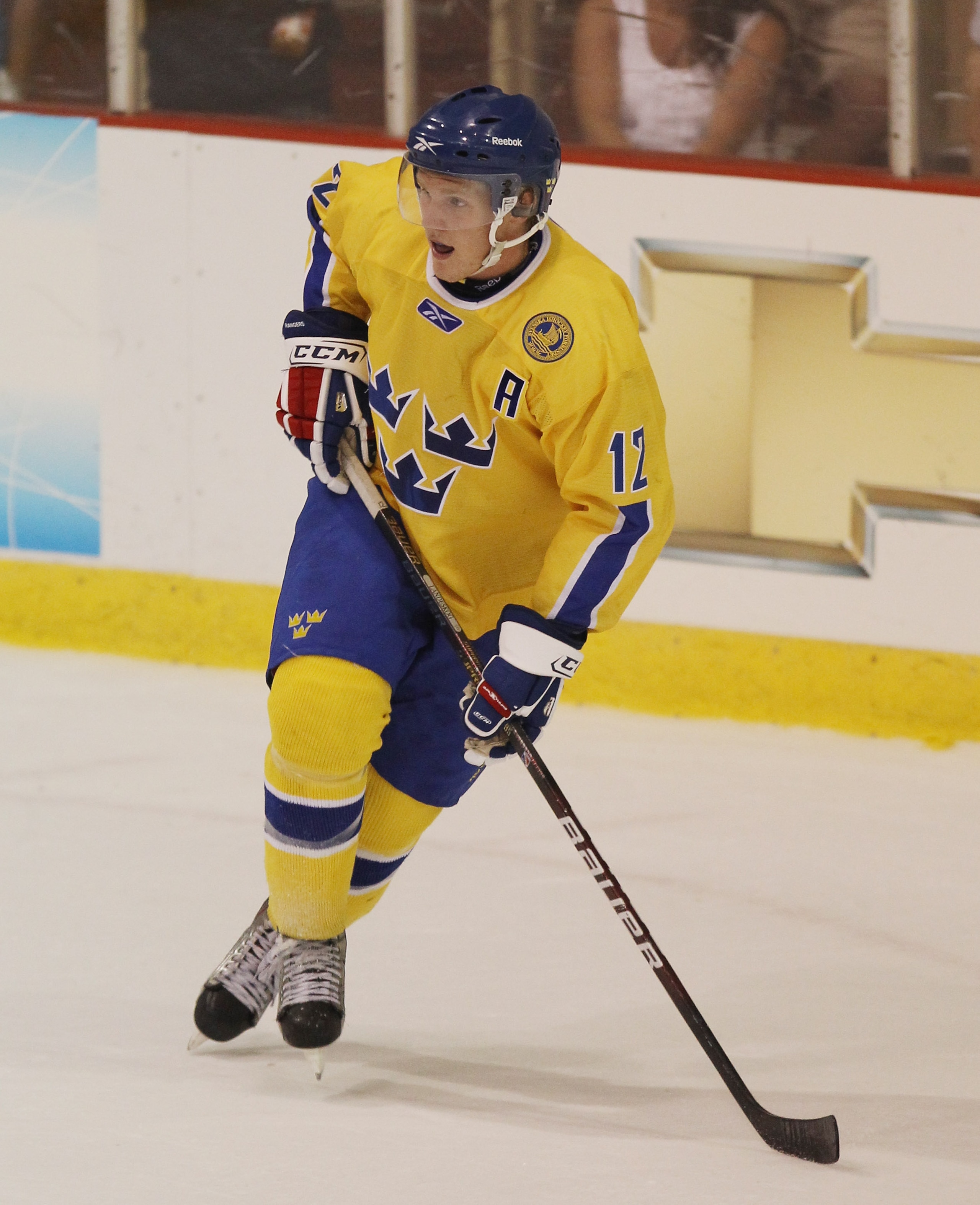 LAKE PLACID, NY - AUGUST 03:  Gabriel Landeskog #12 of Team Sweden skates against Team USA at the USA Hockey National Evaluation Camp on August 3, 2010 in Lake Placid, New York. Team USA defeated Team Sweden 6-3.  (Photo by Bruce Bennett/Getty Images)