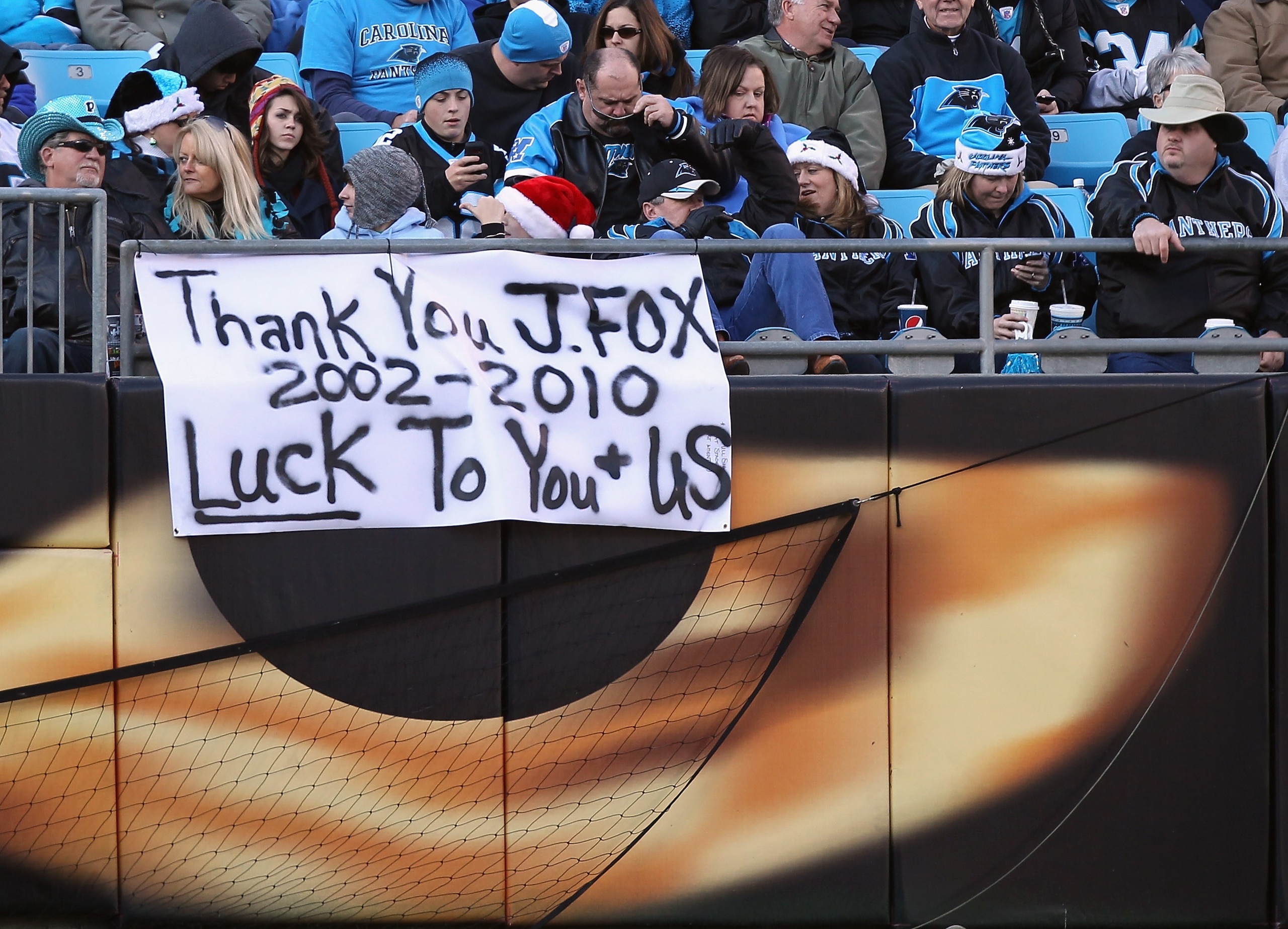 CHARLOTTE, NC - DECEMBER 19: Fans hang a sign for head coach John Fox of the Carolina Panthers during their game against the Arizona Cardinals at Bank of America Stadium on December 19, 2010 in Charlotte, North Carolina. (Photo by Streeter Lecka/Getty I CHARLOTTE, NC - DECEMBER 19: Fans hang a sign for head coach John Fox of the Carolina Panthers during their game against the Arizona Cardinals at Bank of America Stadium on December 19, 2010 in Charlotte, North Carolina. (Photo by Streeter Lecka/Getty I