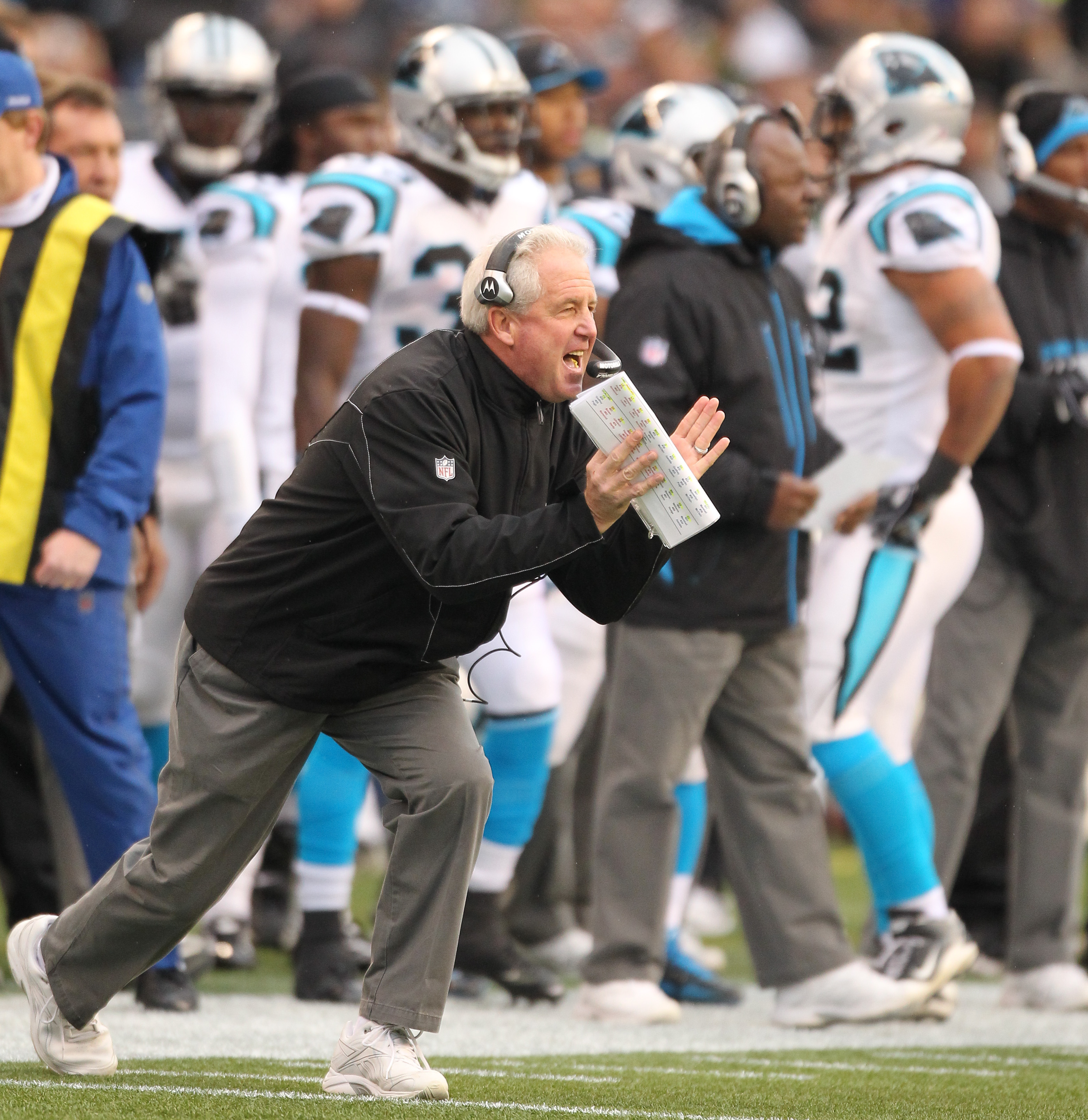 Carolina Panthers coach John Fox reacts to a call in the first half of an  NFL football game against the Cincinnati Bengals in Charlotte, N.C.,  Sunday, Sept. 26, 2010. (AP Photo/Chuck Burton