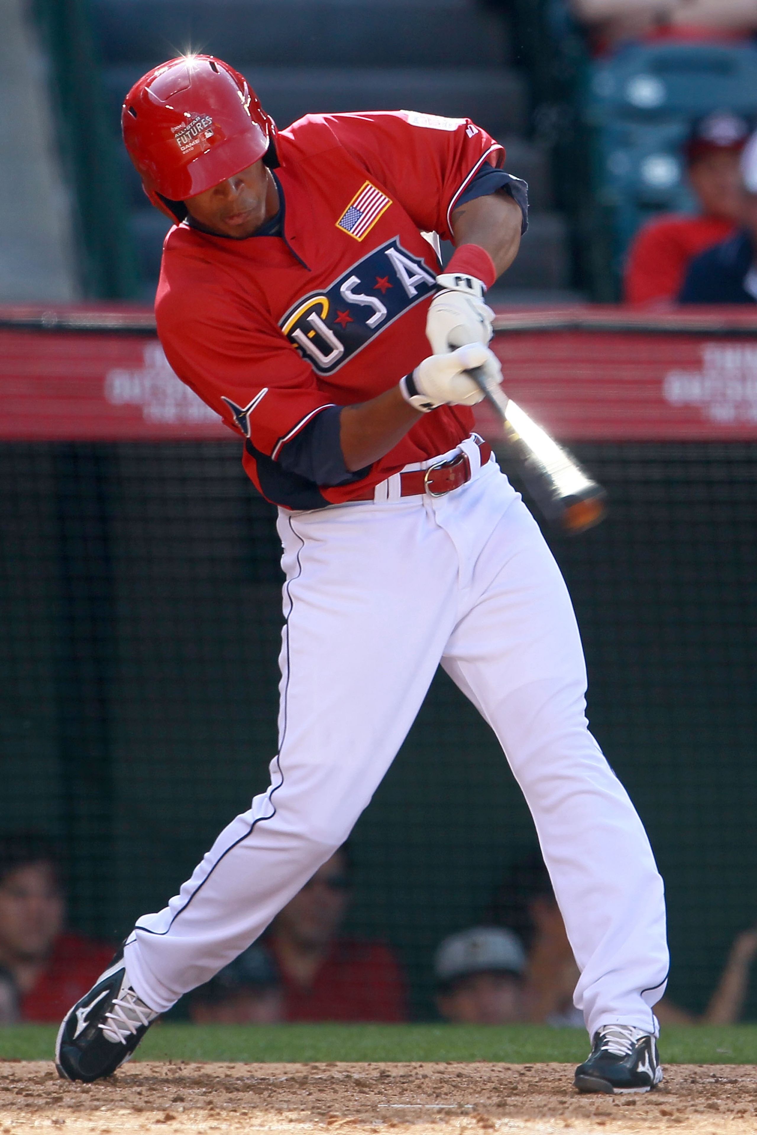 ANAHEIM, CA - JULY 11:  U.S. Futures All-Star Desmond Jennings #15 of the Tampa Bay Rays at bat during the 2010 XM All-Star Futures Game at Angel Stadium of Anaheim on July 11, 2010 in Anaheim, California.  (Photo by Jeff Gross/Getty Images)