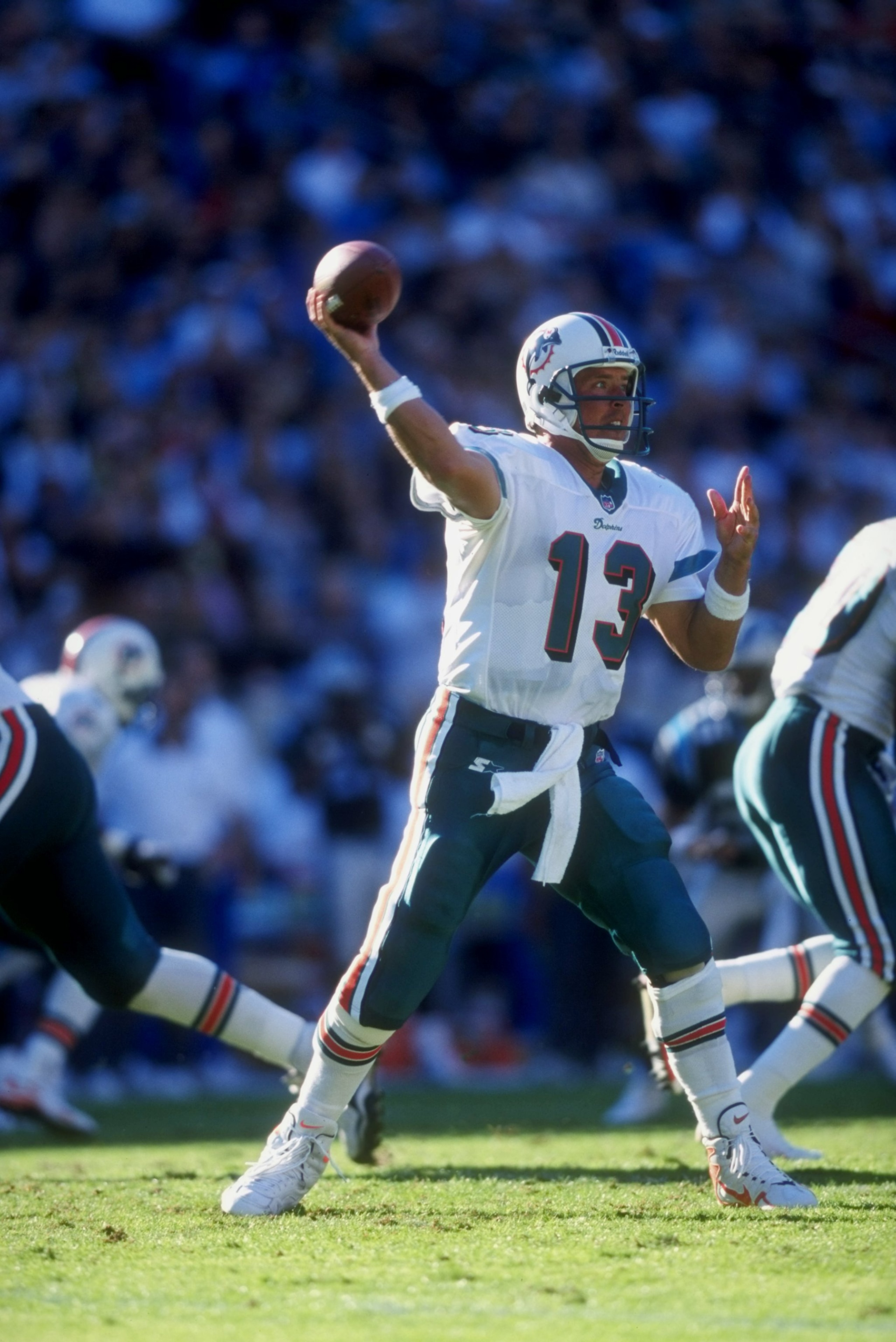 15 Nov 1998: Quarterback Dan Marino #13 of the Miami Dolphins throws a pass during a game against the Carolina Panthers at the Ericsson Stadium in Charlotte, North Carolina. The Dolphins defeated the Panthers 13-9. Mandatory Credit: Tom Hauck /Allsport 15 Nov 1998: Quarterback Dan Marino #13 of the Miami Dolphins throws a pass during a game against the Carolina Panthers at the Ericsson Stadium in Charlotte, North Carolina. The Dolphins defeated the Panthers 13-9. Mandatory Credit: Tom Hauck /Allsport