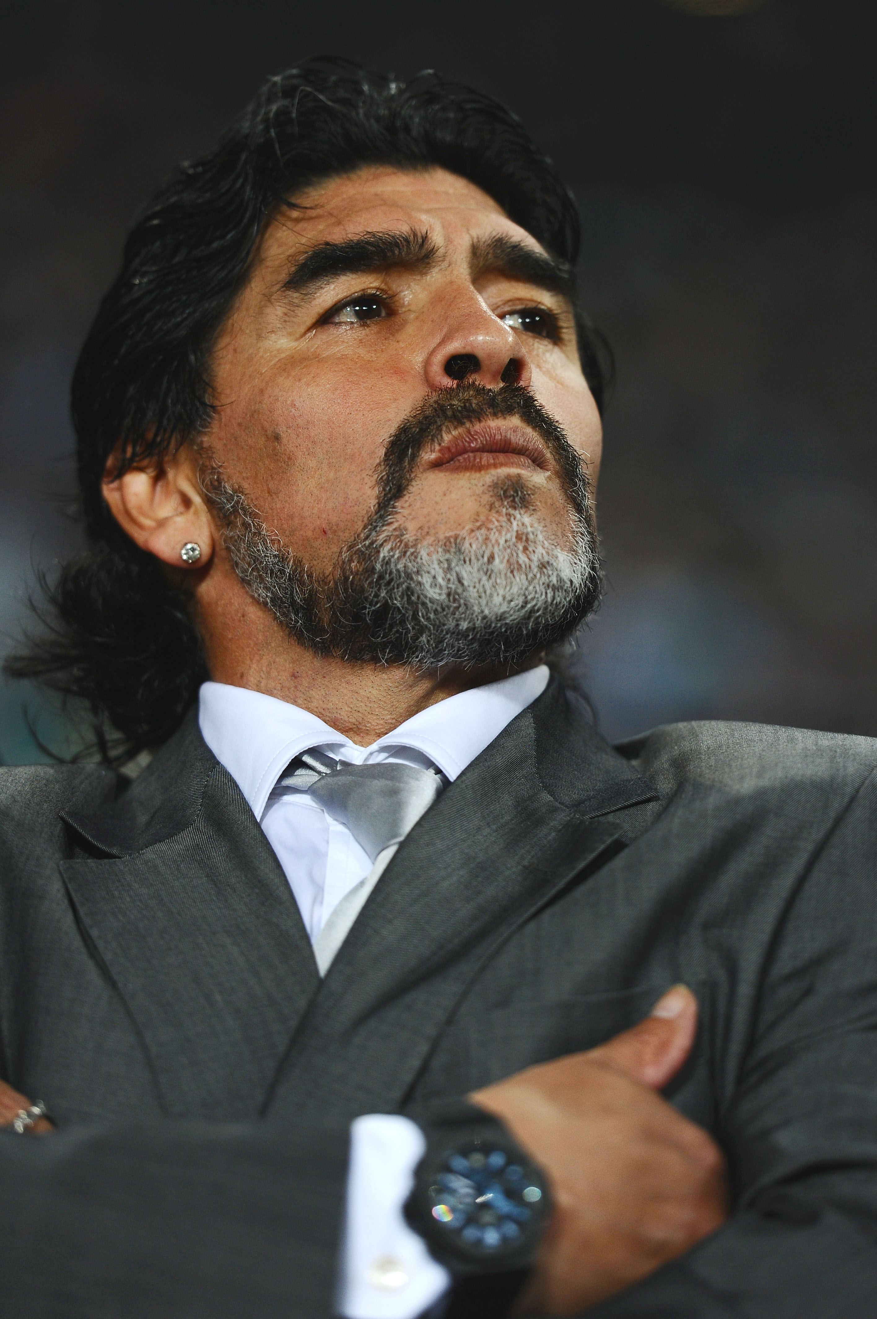 JOHANNESBURG, SOUTH AFRICA - JUNE 27:  Diego Maradona head coach of Argentina looks thoughtful ahead of the 2010 FIFA World Cup South Africa Round of Sixteen match between Argentina and Mexico at Soccer City Stadium on June 27, 2010 in Johannesburg, South
