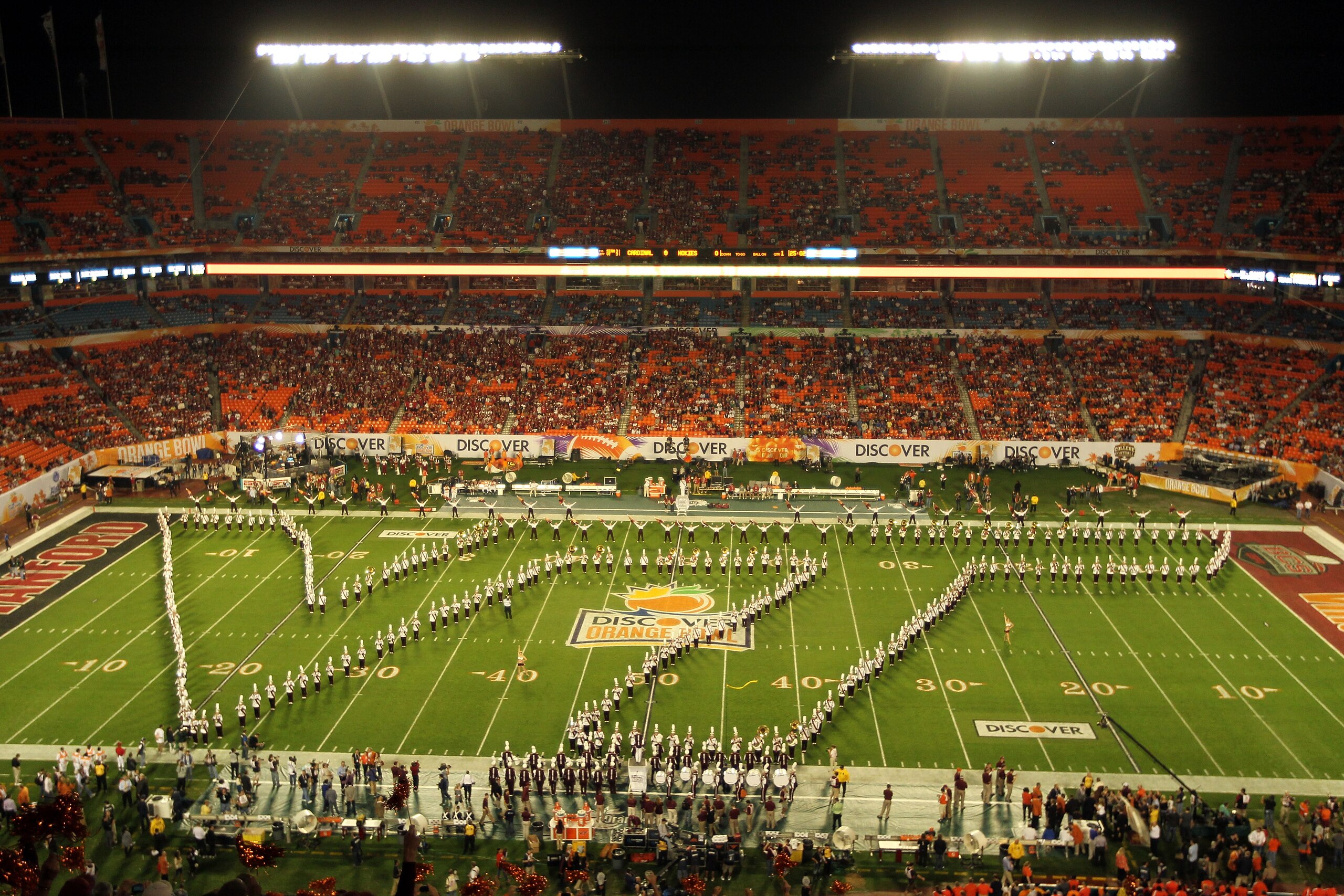 MIAMI, FL - JANUARY 03:  The Virginia Tech Hokies marching band performs prior to the Hokies playing against the Stanford Cardinal during the 2011 Discover Orange Bowl at Sun Life Stadium on January 3, 2011 in Miami, Florida.  (Photo by Mike Ehrmann/Getty
