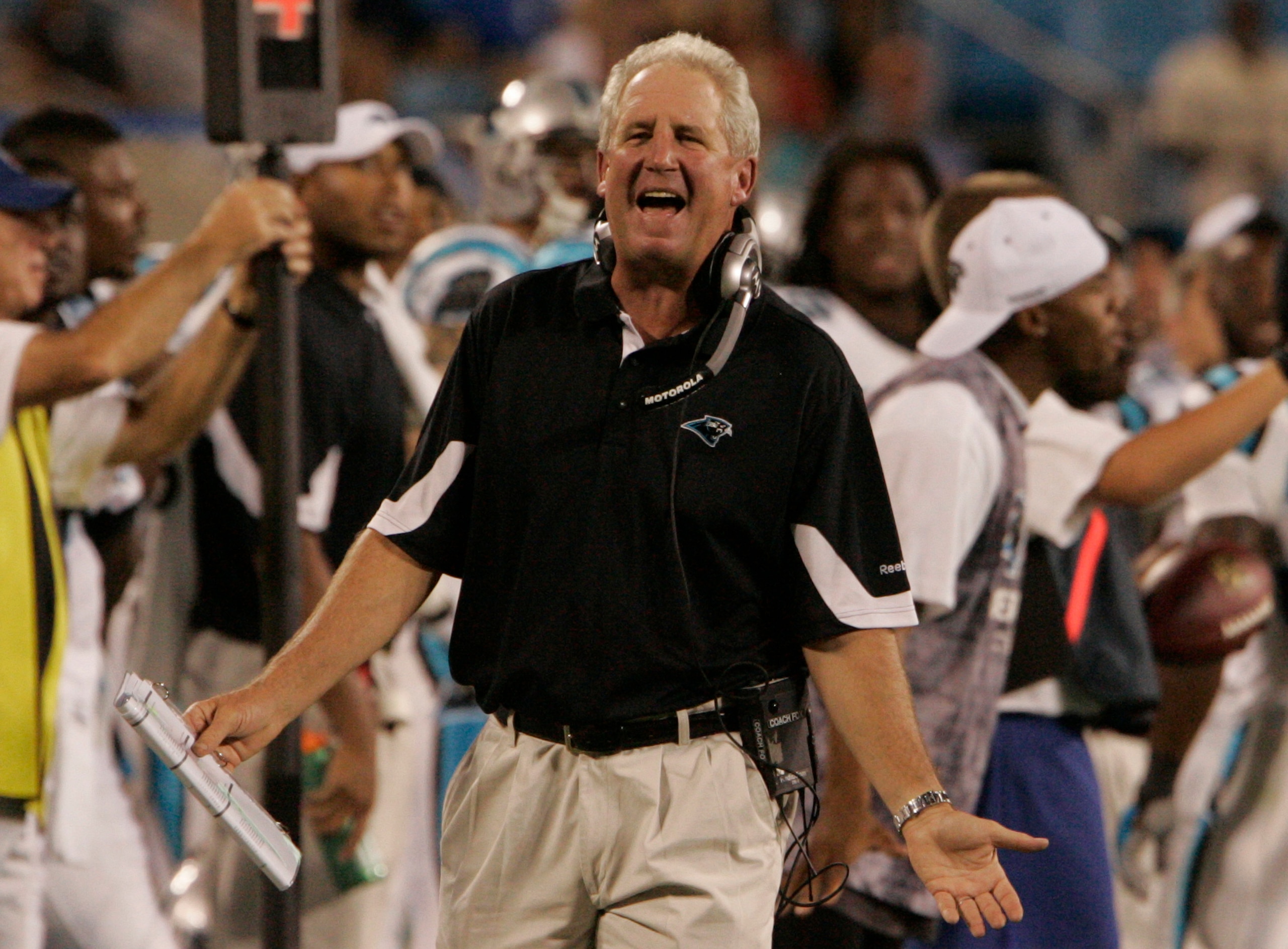 CHARLOTTE, NC - AUGUST 21: Head coach John Fox of the Carolina Panthers reacts to a call during a preseason game against the New York Jets at Bank of America Stadium on August 21, 2010 in Charlotte, North Carolina. (Photo by Mary Ann Chastain/Getty Images CHARLOTTE, NC - AUGUST 21: Head coach John Fox of the Carolina Panthers reacts to a call during a preseason game against the New York Jets at Bank of America Stadium on August 21, 2010 in Charlotte, North Carolina. (Photo by Mary Ann Chastain/Getty Images