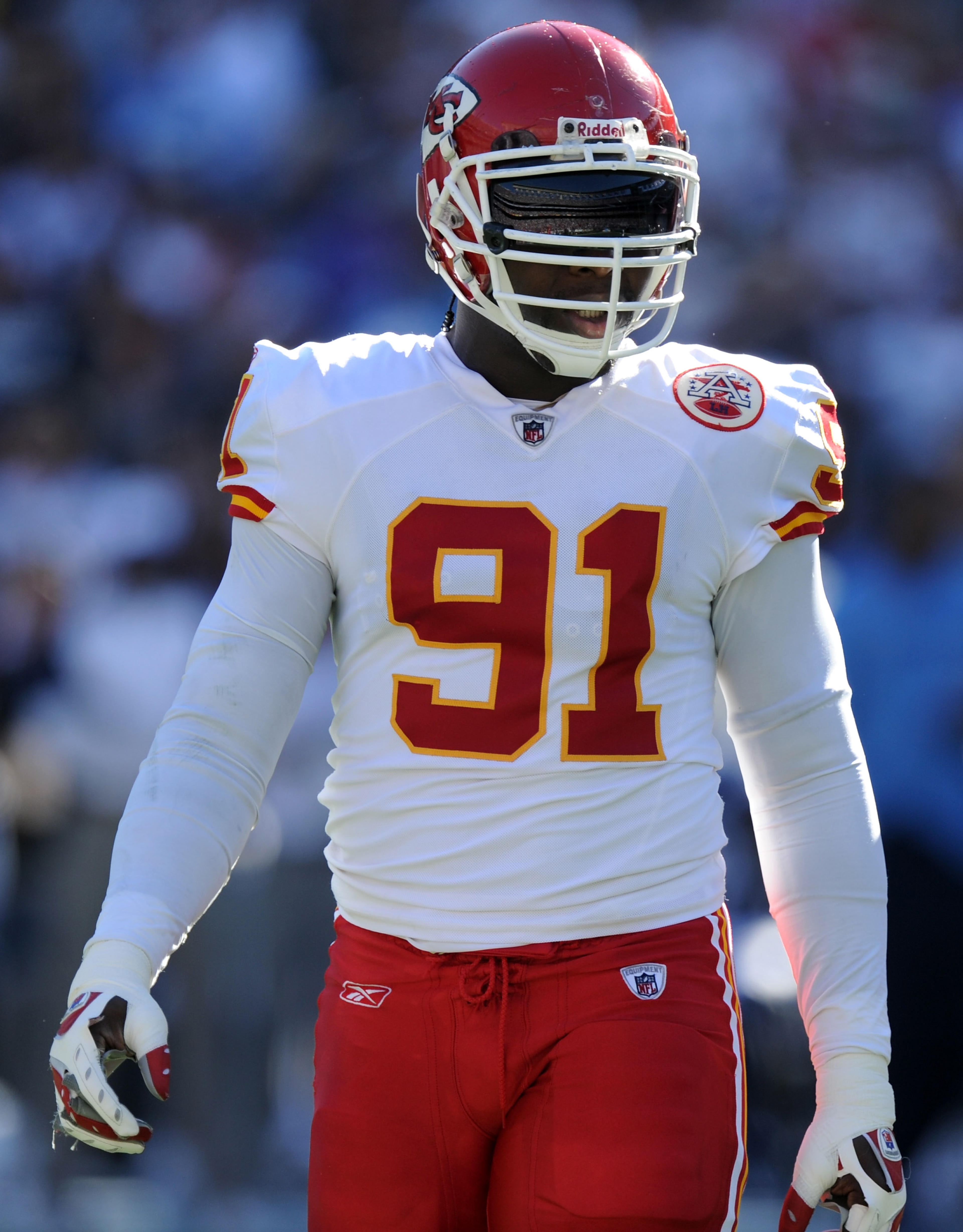 SAN DIEGO, CA - DECEMBER 12: Tamba Hali #91 of the Kansas City Chiefs waits at the line of scrimmage against the San Diego Chargers at Qualcomm Stadium on December 12, 2010 in San Diego, California. (Photo by Harry How/Getty Images) SAN DIEGO, CA - DECEMBER 12: Tamba Hali #91 of the Kansas City Chiefs waits at the line of scrimmage against the San Diego Chargers at Qualcomm Stadium on December 12, 2010 in San Diego, California. (Photo by Harry How/Getty Images)