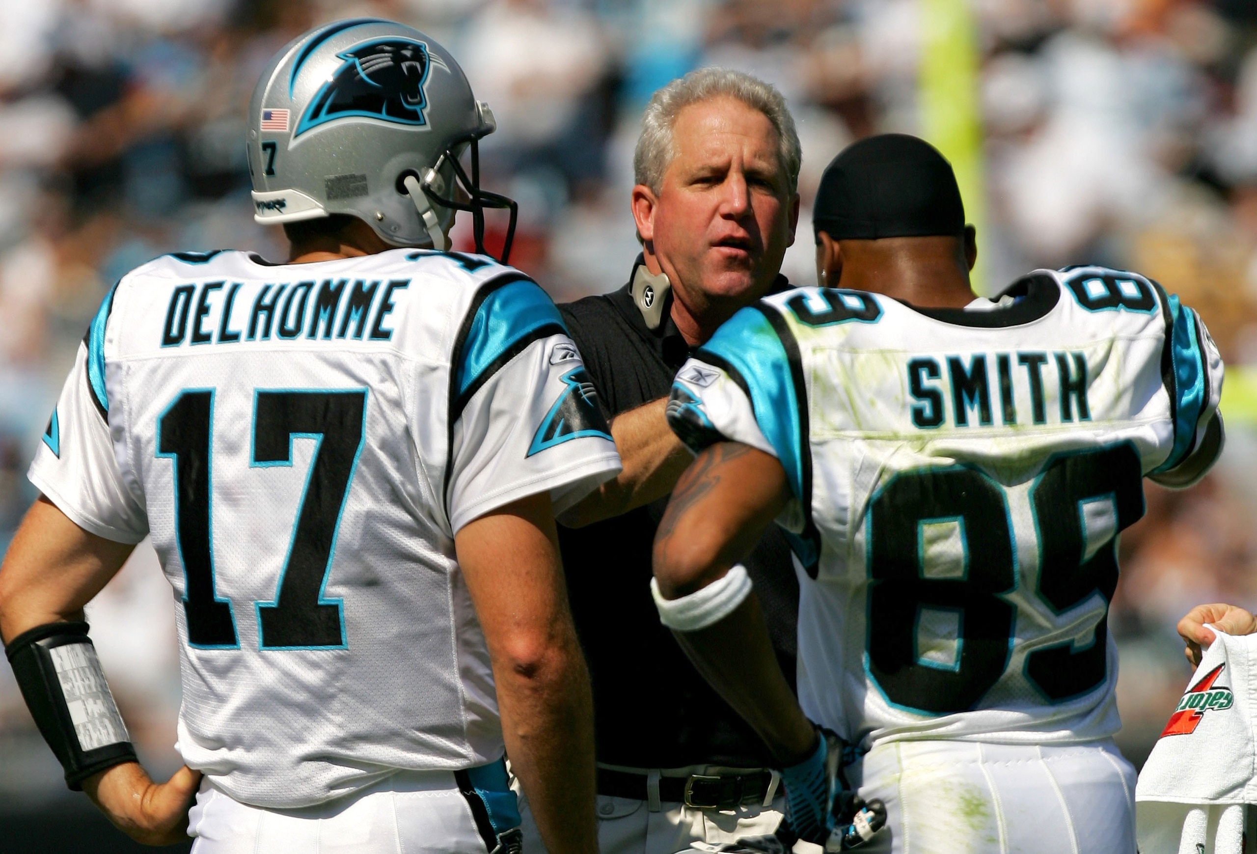 CHARLOTTE, NC - OCTOBER 1: Head coach John Fox talks to Jake Delhomme #17 and teammate Steve Smith #89 of the Carolina Panthers during their game against the New Orleans Saints on October 1, 2006 at Bank of America Stadium in Charlotte, North Carolina. T CHARLOTTE, NC - OCTOBER 1: Head coach John Fox talks to Jake Delhomme #17 and teammate Steve Smith #89 of the Carolina Panthers during their game against the New Orleans Saints on October 1, 2006 at Bank of America Stadium in Charlotte, North Carolina. T