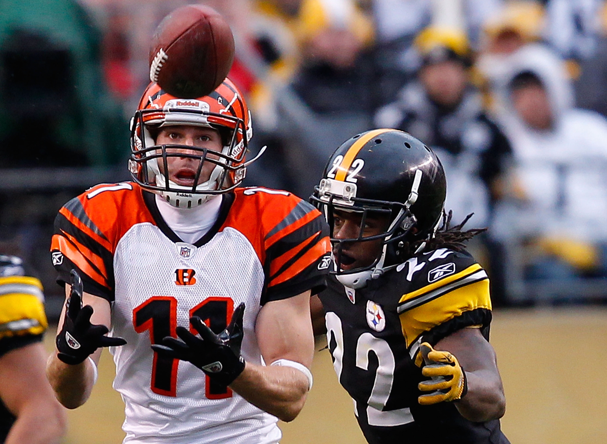 PITTSBURGH - DECEMBER 12: Jordan Shipley #11 of the Cincinnati Bengals catches a pass in front of William Gay #22 of the Pittsburgh Steelers during the game on December 12, 2010 at Heinz Field in Pittsburgh, Pennsylvania. (Photo by Jared Wickerham/Getty PITTSBURGH - DECEMBER 12: Jordan Shipley #11 of the Cincinnati Bengals catches a pass in front of William Gay #22 of the Pittsburgh Steelers during the game on December 12, 2010 at Heinz Field in Pittsburgh, Pennsylvania. (Photo by Jared Wickerham/Getty