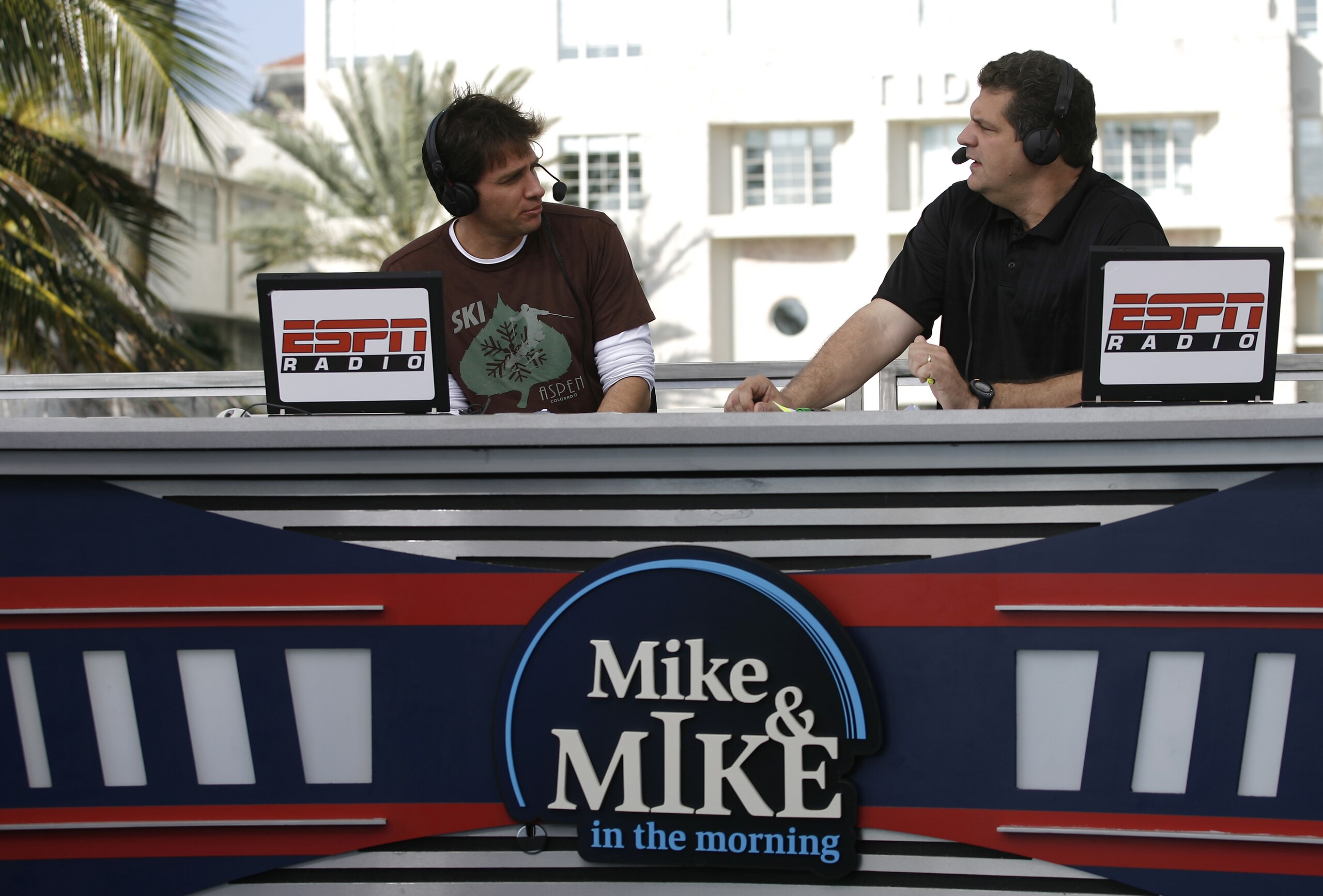 Mike Greenberg and Mike Golic during their ESPN Radio show, Mike & Mike in the Morning, broadcast on the ESPN set in Miami, Florida on February 1, 2007. (Photo by Allen Kee/Getty Images)