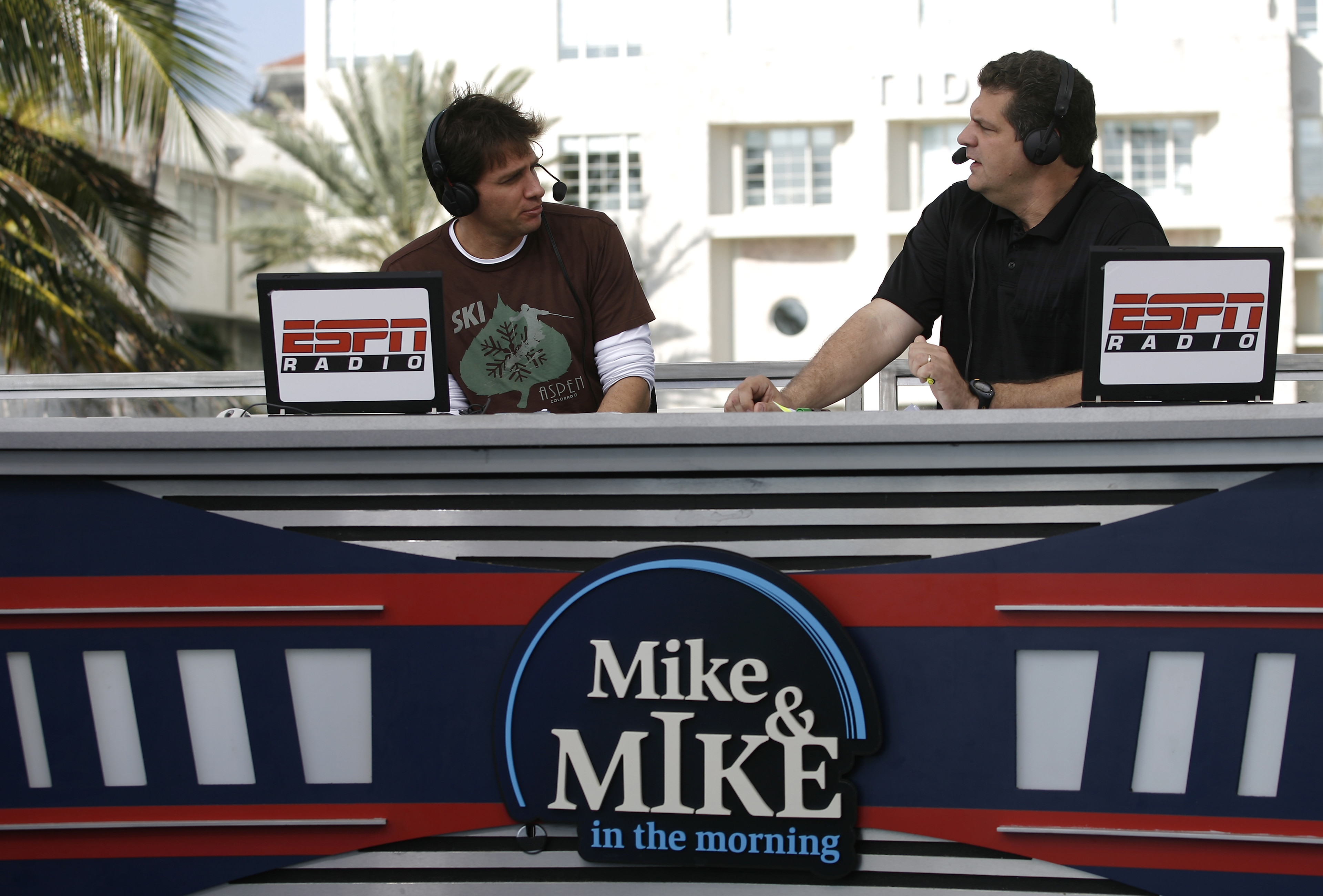 Mike Greenberg and Mike Golic during their ESPN Radio show, Mike & Mike in the Morning, broadcast on the ESPN set in Miami, Florida on February 1, 2007. (Photo by Allen Kee/Getty Images)