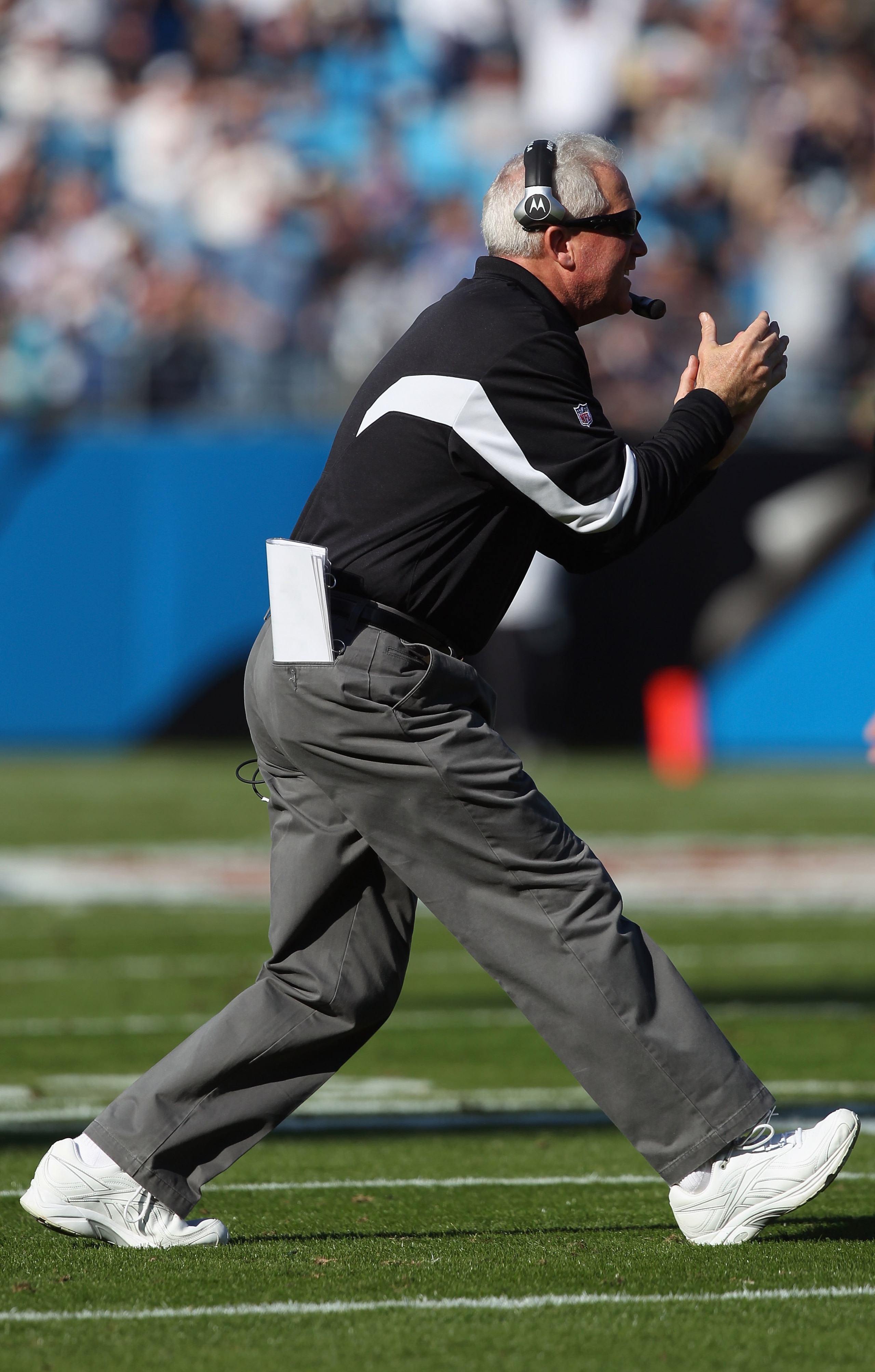 CHARLOTTE, NC - NOVEMBER 21:  Head coach John Fox of the Carolina Panthers cheers on his team against the Baltimore Ravens at Bank of America Stadium on November 21, 2010 in Charlotte, North Carolina.  (Photo by Streeter Lecka/Getty Images)