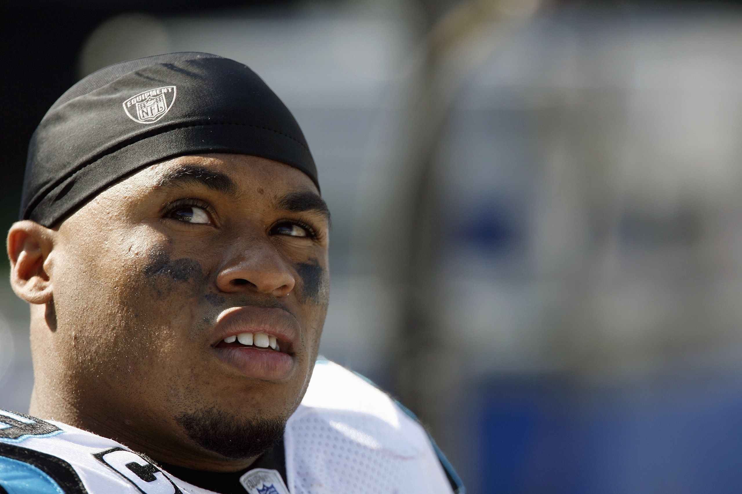 CHARLOTTE, NC - SEPTEMBER 16: Receiver Steve Smith #89 of the Carolina Panthers sits dejected on the sidelines in the final minutes of their 34-21 loss to the Houston Texans at Bank of America Stadium on September 16, 2007 in Charlotte, North Carolina. (P