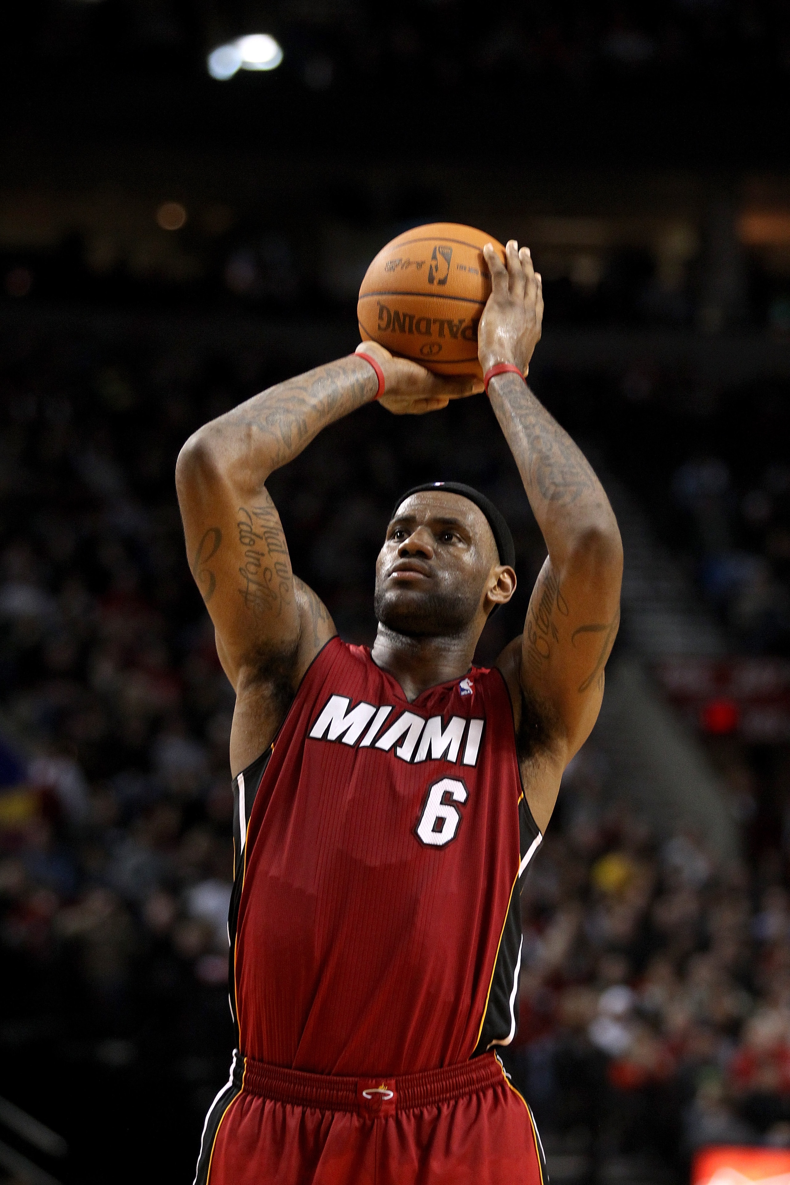 PORTLAND, OR - JANUARY 09: LeBron James #6 of the Miami Heat shoots a free throw against the Portland Trail Blazers during a game on January 9, 2011 at the Rose Garden Arena in Portland, Oregon. NOTE TO USER: User expressly acknowledges and agrees that, b