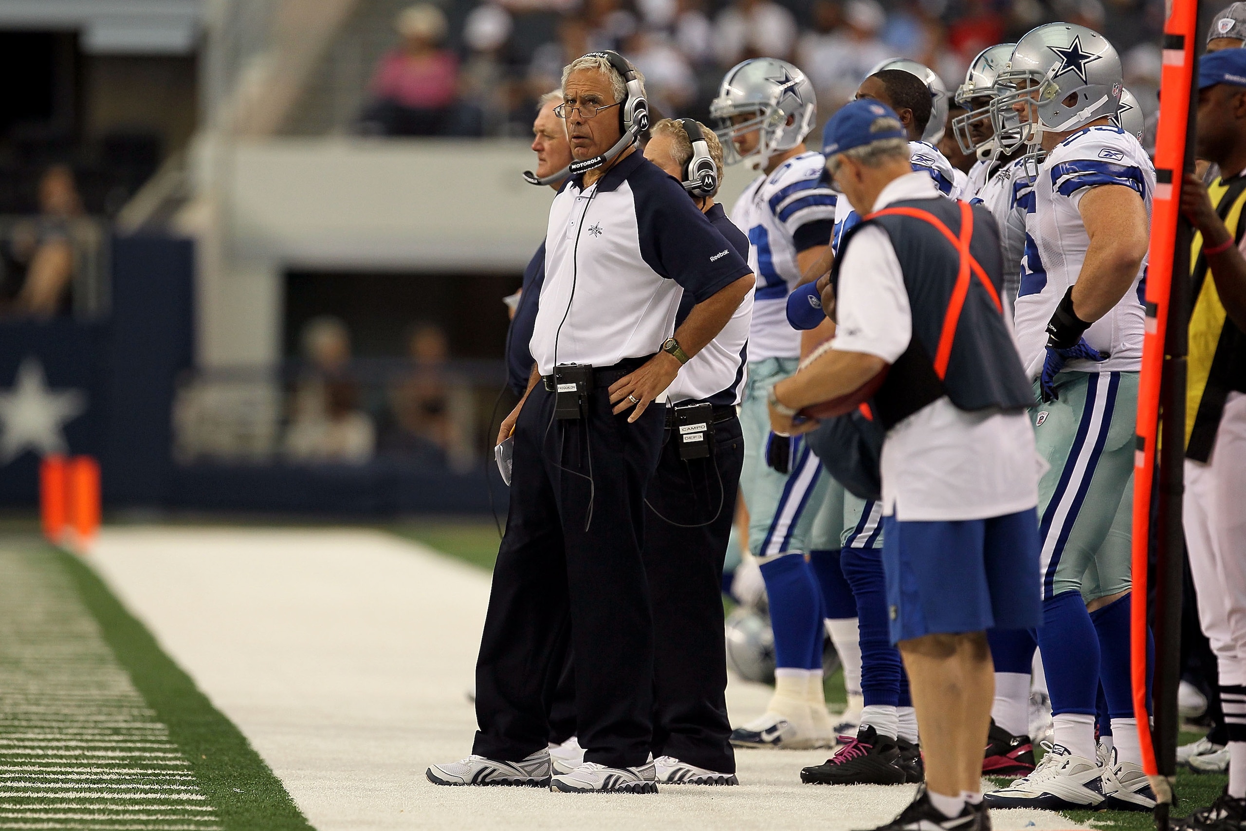 ARLINGTON, TX - OCTOBER 31: Defensive line coach Paul Pasqualoni of the Dallas Cowboys looks on against the Jacksonville Jaguars at Cowboys Stadium on October 31, 2010 in Arlington, Texas. (Photo by Stephen Dunn/Getty Images) ARLINGTON, TX - OCTOBER 31: Defensive line coach Paul Pasqualoni of the Dallas Cowboys looks on against the Jacksonville Jaguars at Cowboys Stadium on October 31, 2010 in Arlington, Texas. (Photo by Stephen Dunn/Getty Images)