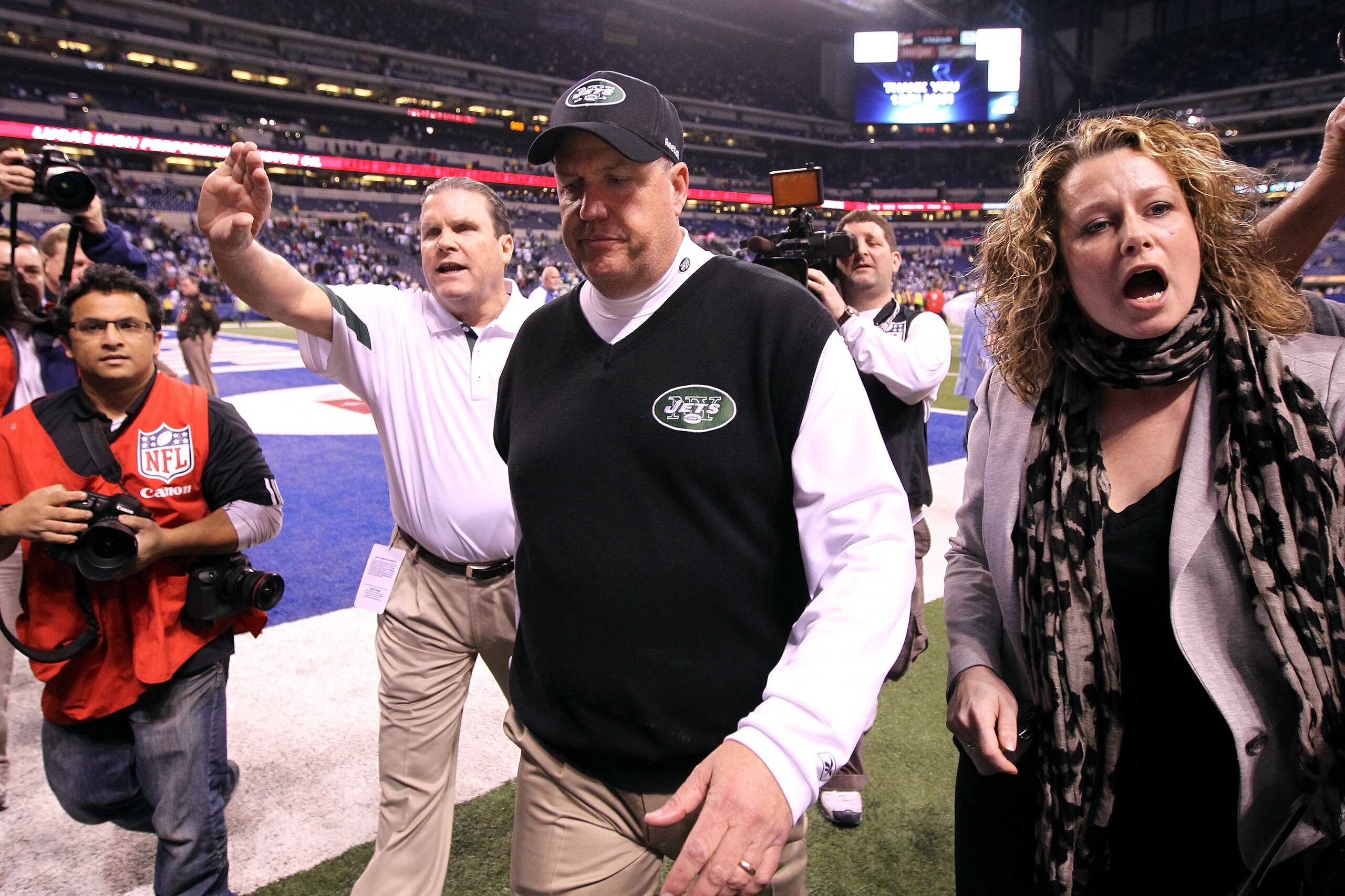 INDIANAPOLIS, IN - JANUARY 08: Head coach Rex Ryan of the New York Jets walks off the field after the Jets won 17-16 against the Indianapolis Colts during their 2011 AFC wild card playoff game at Lucas Oil Stadium on January 8, 2011 in Indianapolis, Indi INDIANAPOLIS, IN - JANUARY 08: Head coach Rex Ryan of the New York Jets walks off the field after the Jets won 17-16 against the Indianapolis Colts during their 2011 AFC wild card playoff game at Lucas Oil Stadium on January 8, 2011 in Indianapolis, Indi