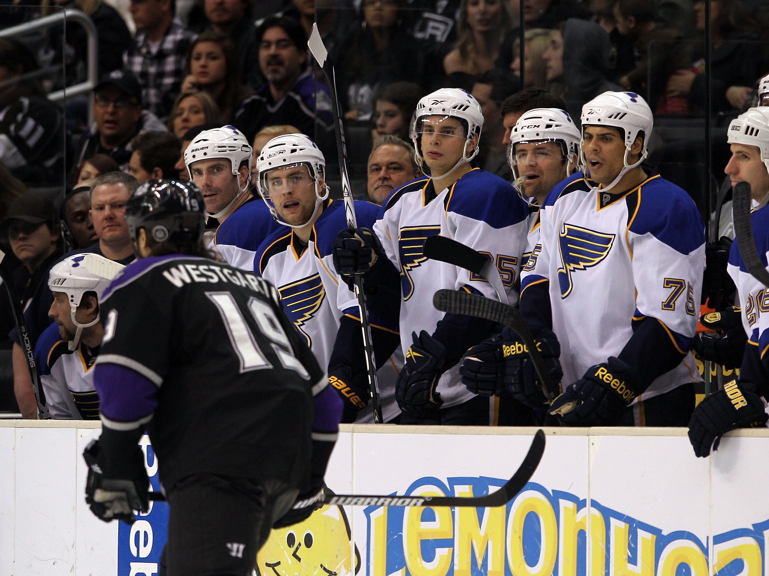 LOS ANGELES, CA - JANUARY 13: St. Louis Blues players talk to Kevin Westgarth #19 of the Los Angeles Kings during third period action at the Staples Center on January 13, 2011 in Los Angeles, California. The Blues defeated the Kings 3-1. (Photo by Bruce B