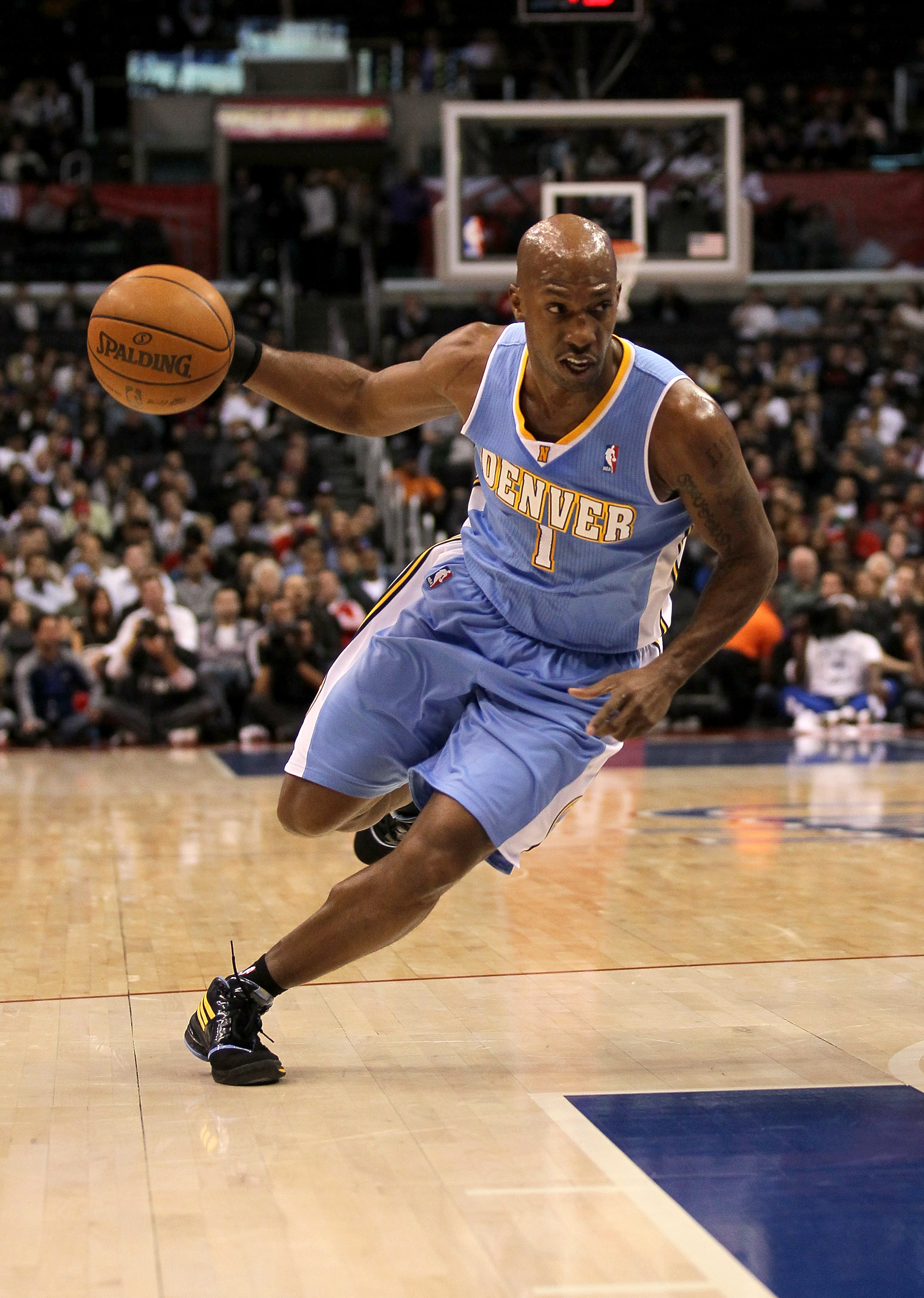 LOS ANGELES, CA - JANUARY 05: Chauncey Billups #1 of the Denver Nuggets drives against the Los Angeles Clippers at Staples Center on January 5, 2011  in Los Angeles, California.  The Clippers won 106-93.  NOTE TO USER: User expressly acknowledges and agre