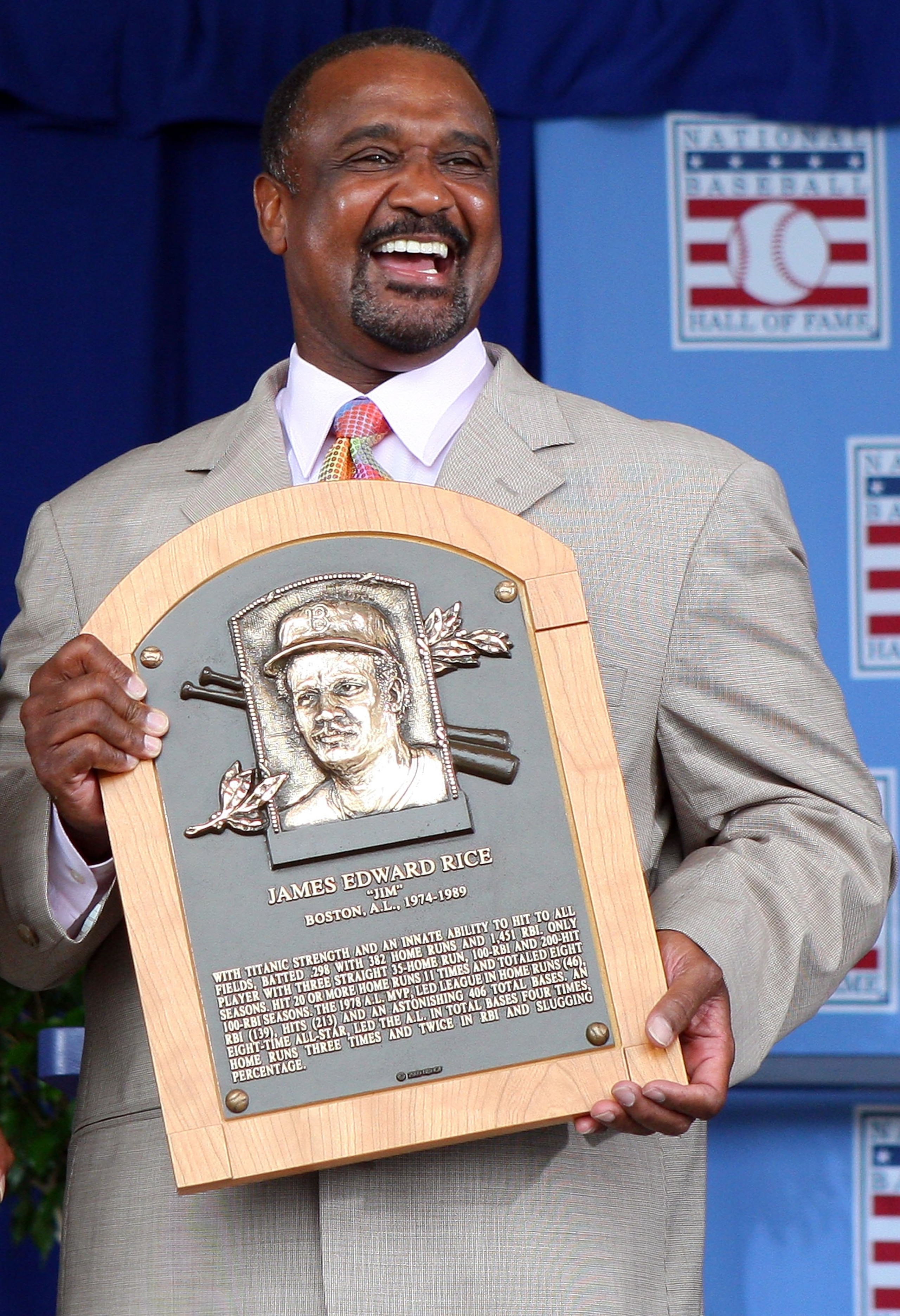 COOPERSTOWN, NY - JULY 26: 2009 inductee Jim Rice holds his plaque at Clark Sports Center after his induction into the Baseball Hall of Fame during the Baseball Hall of Fame induction ceremony on July 26, 2009 in Cooperstown, New York. Rice played his en COOPERSTOWN, NY - JULY 26: 2009 inductee Jim Rice holds his plaque at Clark Sports Center after his induction into the Baseball Hall of Fame during the Baseball Hall of Fame induction ceremony on July 26, 2009 in Cooperstown, New York. Rice played his en