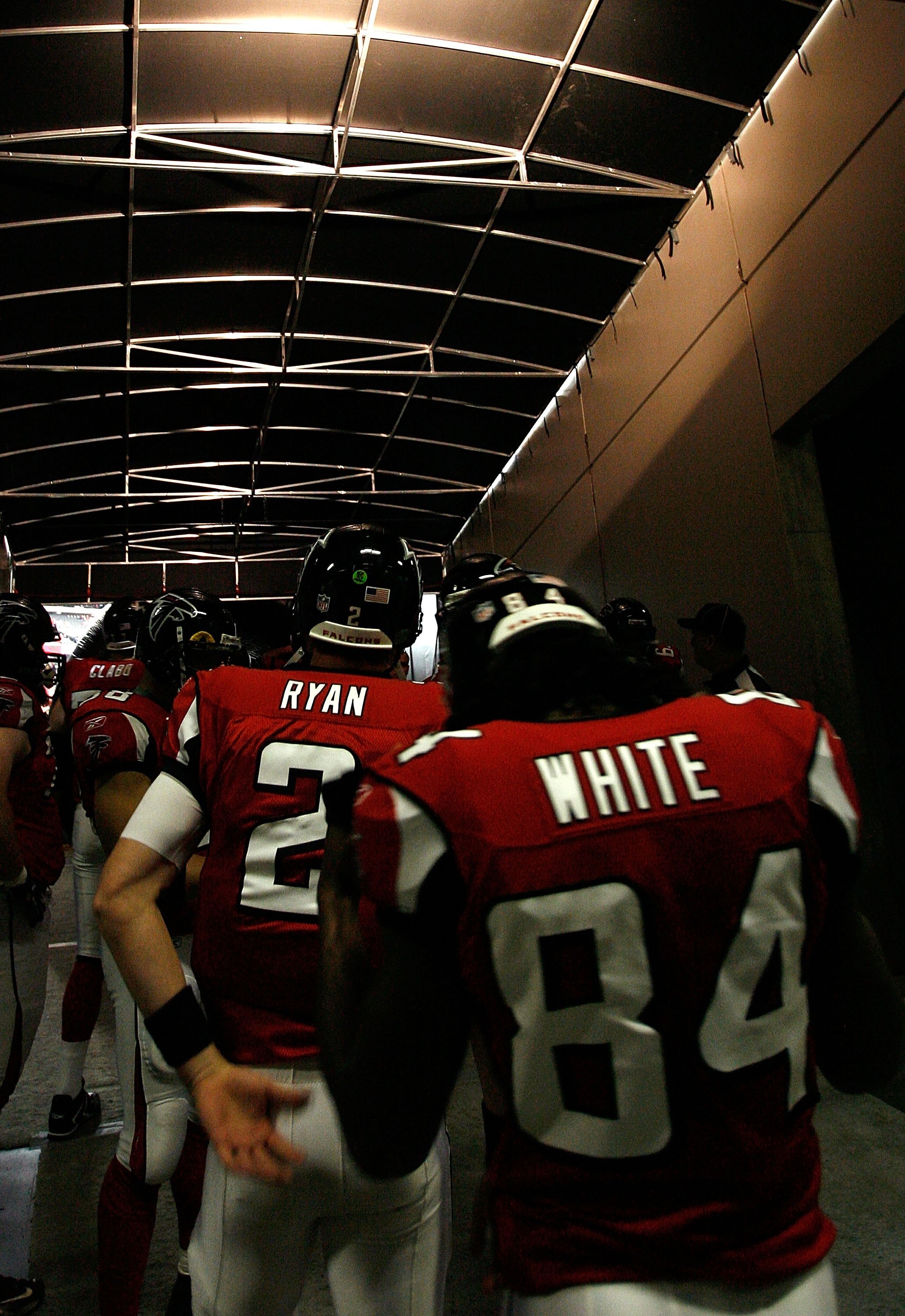 ATLANTA - DECEMBER 27:  Quarterback Matt Ryan #2 and Roddy White #84 of the Atlanta Falcons wait for player introductions before facing the Buffalo Bills at Georgia Dome on December 27, 2009 in Atlanta, Georgia.  (Photo by Kevin C. Cox/Getty Images)