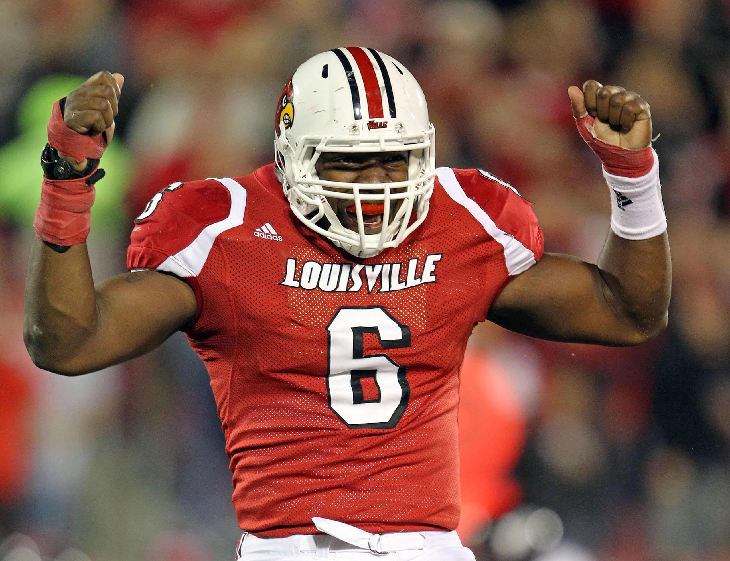 LOUISVILLE, KY - OCTOBER 15:  Greg Scruggs #6 of  the Louisville Cardinals  celebrates after intercepting a pass during the Big East Conference game against the Cincinnati Bearcats at Papa John's Cardinal Stadium on October 15, 2010 in Louisville, Kentuck