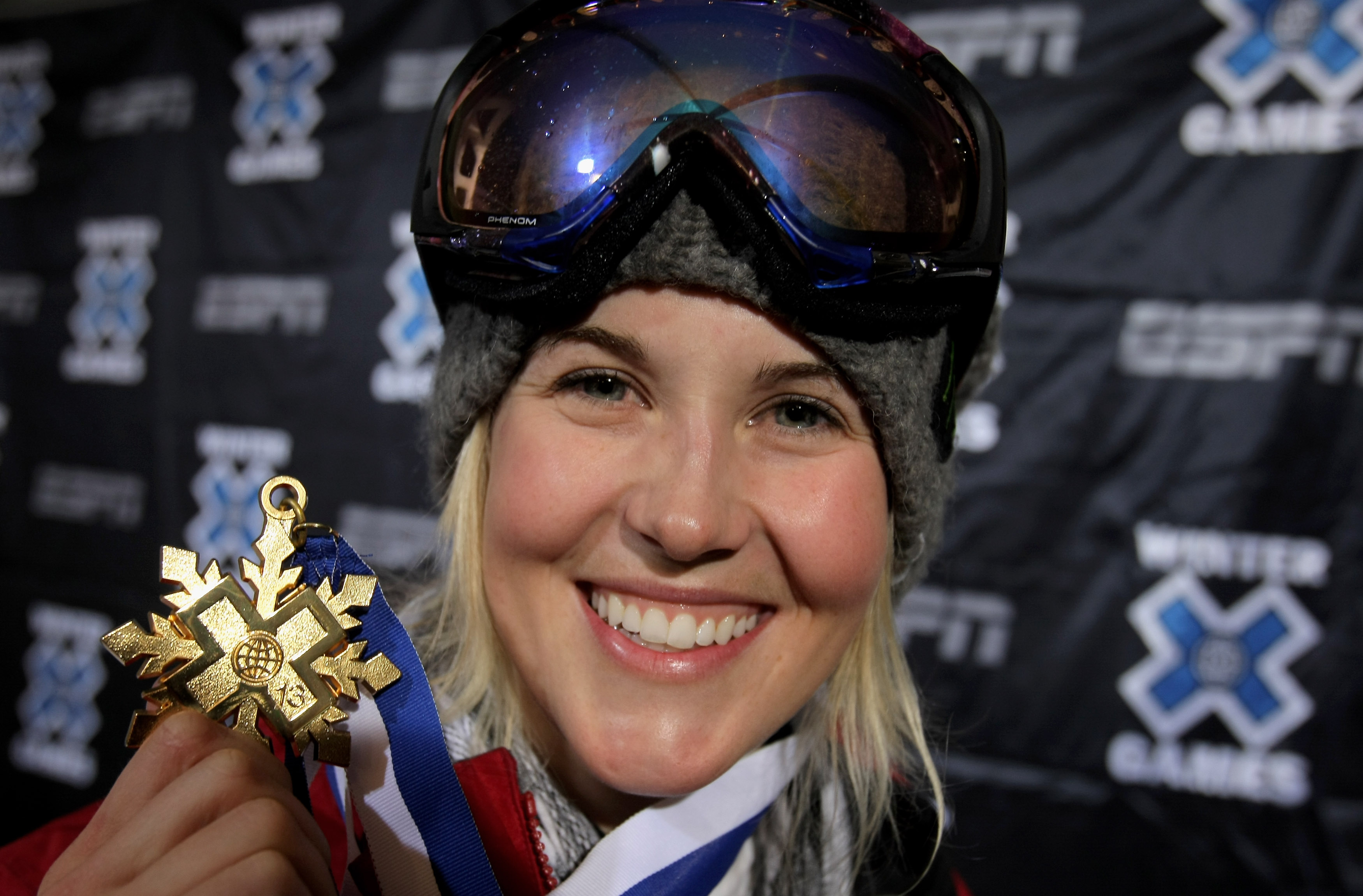 ASPEN, CO - JANUARY 23:  Sarah Burke of Whistler, Canada poses with her gold medal after winning the Women's Skiing Superpipe at Winter X Games 13 on Buttermilk Mountain on January 23, 2009 in Aspen, Colorado.  (Photo by Doug Pensinger/Getty Images)
