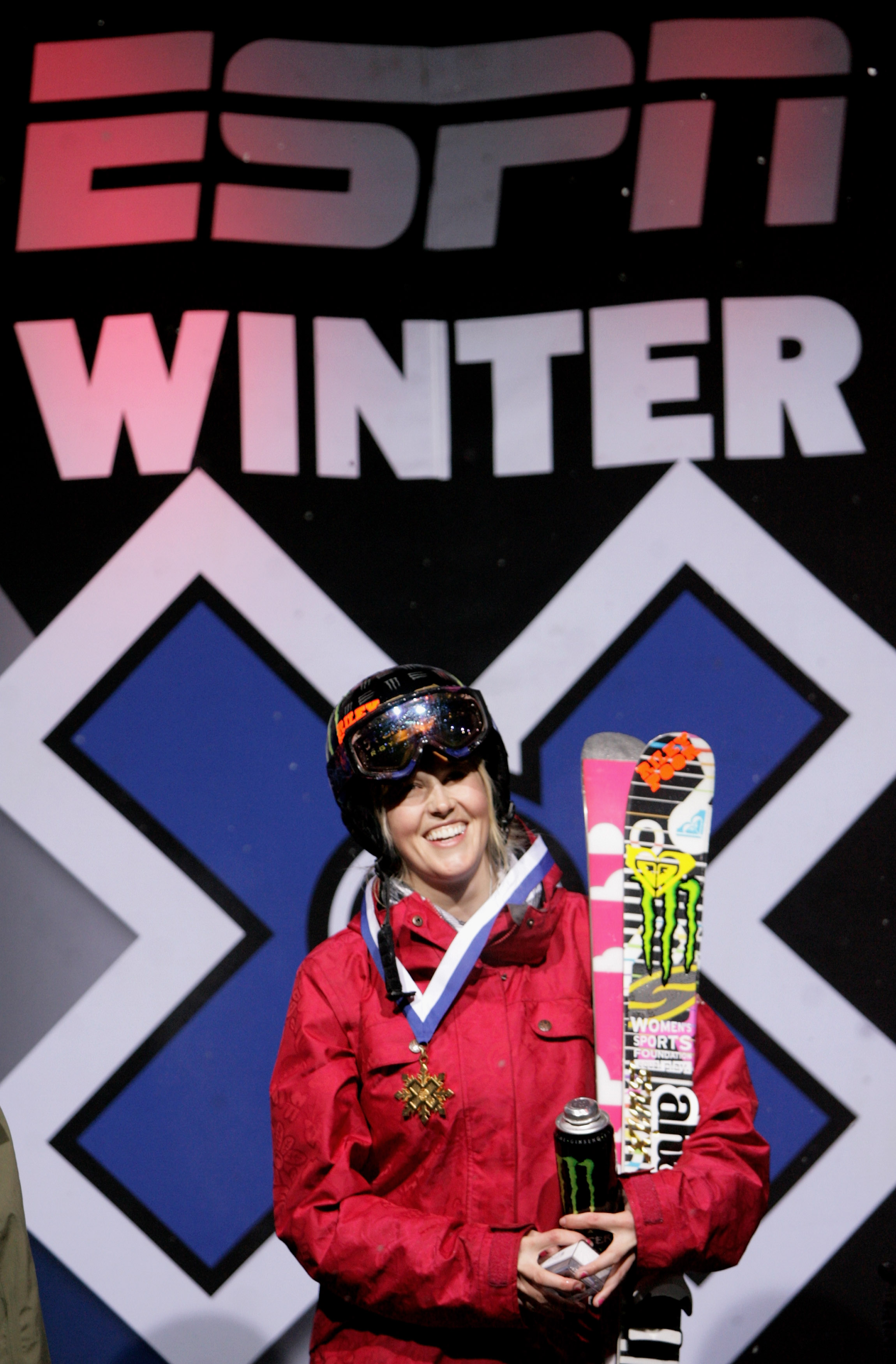 ASPEN, CO - JANUARY 23:  Sarah Burke of Whistler, Canada celebrates as she takes the podium after winning the gold medal in the Women's Skiing Superpipe at Winter X Games 13 on Buttermilk Mountain on January 23, 2009 in Aspen, Colorado.  (Photo by Doug Pe