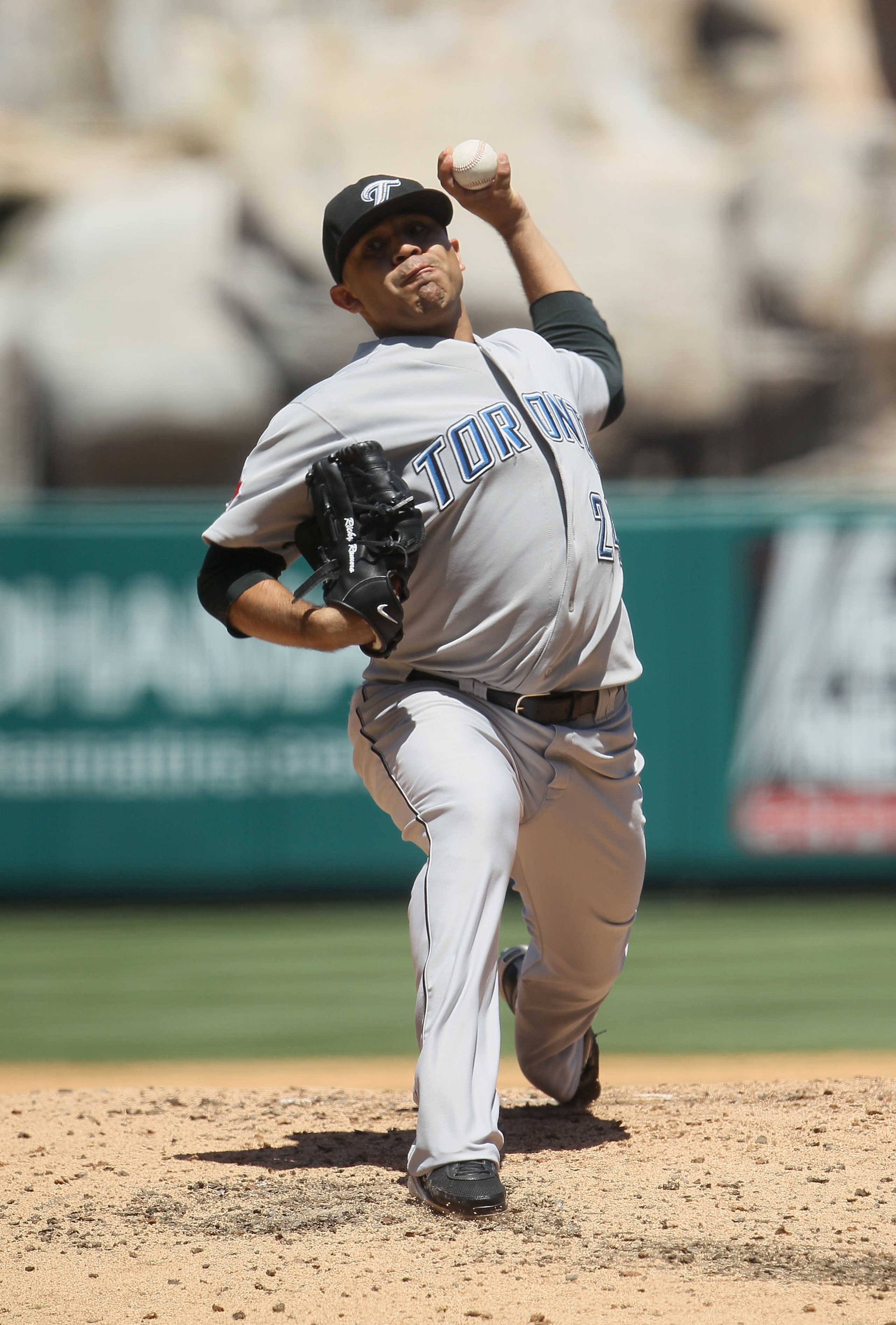 ANAHEIM, CA - AUGUST 15:  Ricky Romero #24 of the Toronto Blue Jays pitches against the Los Angeles Angels of Anaheim at Angel Stadium on August 15, 2010 in Anaheim, California. The Blue Jays defeated the Angels 4-1.  (Photo by Jeff Gross/Getty Images)
