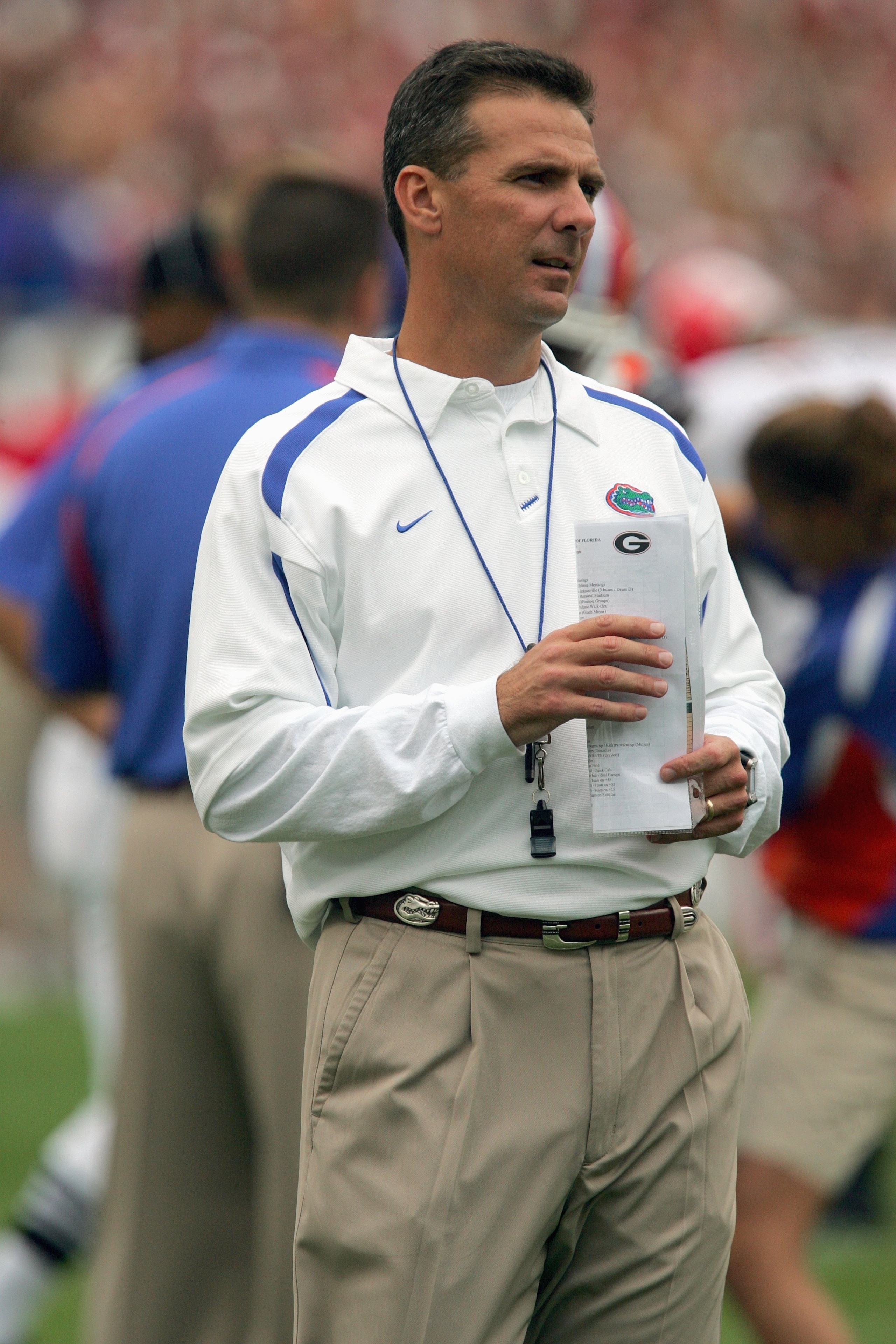 JACKSONVILLE, FL - OCTOBER 27: Head coach Urban Myer  of the Florida Gators yells instructions before the game against the Georgia Bulldogs at Jacksonville Municipal Stadium on October 27, 2007 in Jacksonville, Florida. (Photo by Ronald Martinez/Getty Ima