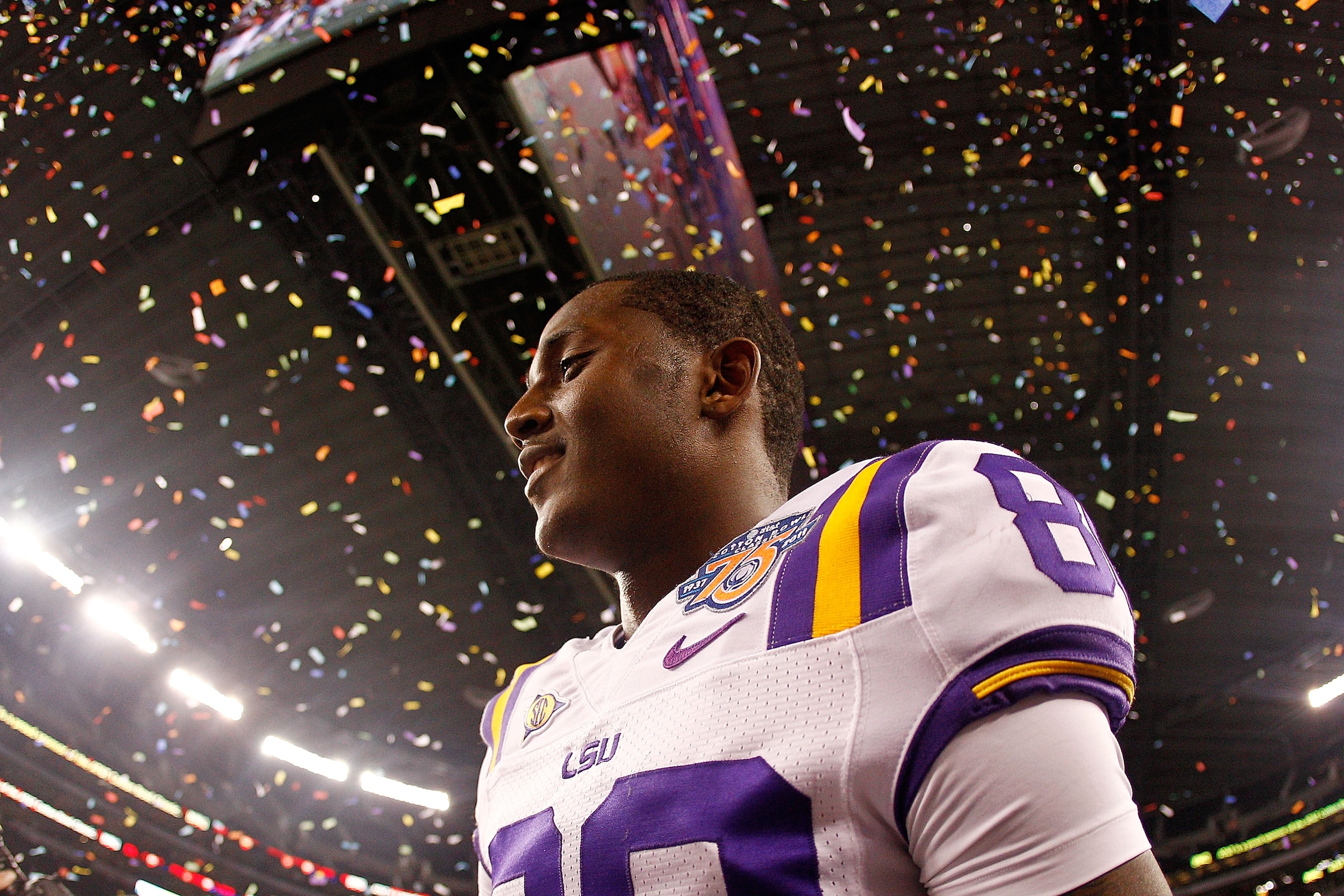 ARLINGTON, TX - JANUARY 07:  Terrence Toliver #80 of the Louisiana State University Tigers celebrates after defeating the Texas A&M Aggies 41-24 in the AT&T Cotton Bowl at Cowboys Stadium on January 7, 2011 in Arlington, Texas.  (Photo by Chris Graythen/G