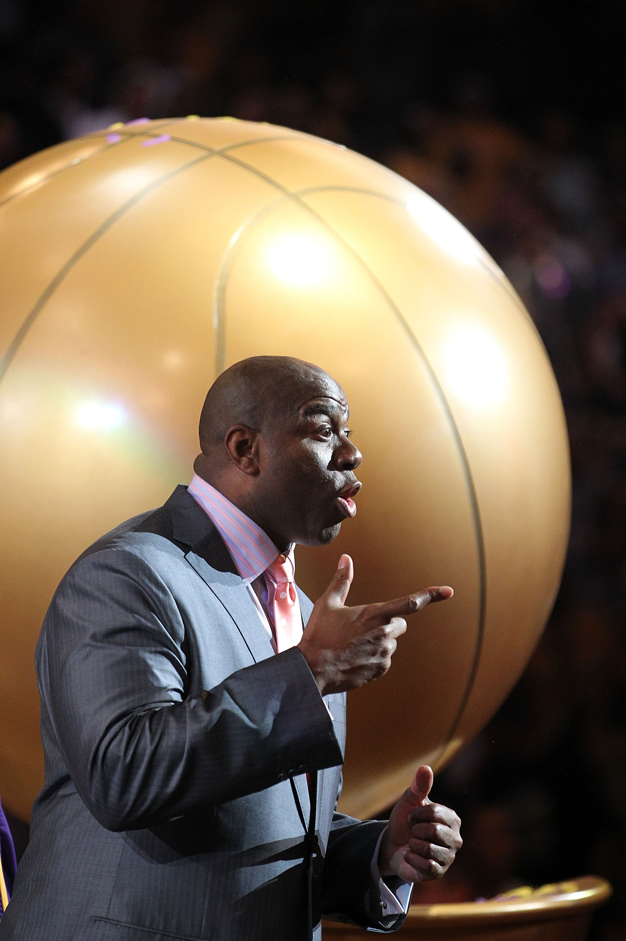 LOS ANGELES, CA - JUNE 17:  Earvin 'Magic' Johnson speaks from the stage after the Lakers defeated the Boston Celtics in Game Seven of the 2010 NBA Finals at Staples Center on June 17, 2010 in Los Angeles, California.  NOTE TO USER: User expressly acknowl