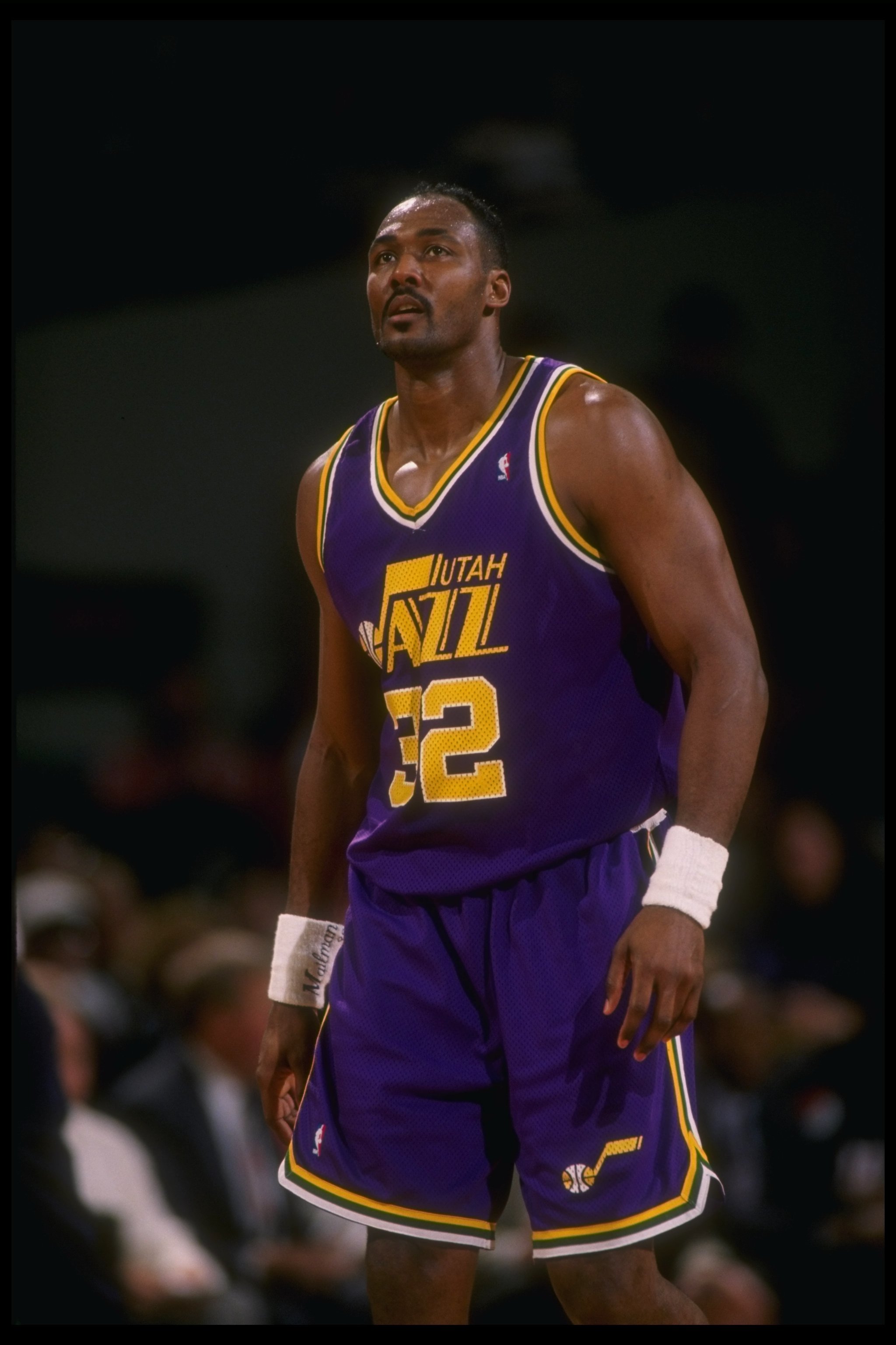 24 Feb 1995: Forward Karl Malone of the Utah Jazz looks on during a game against the Portland Trail Blazers at the Rose Garden in Portland, Oregon. The Blazers won the game, 114-101.