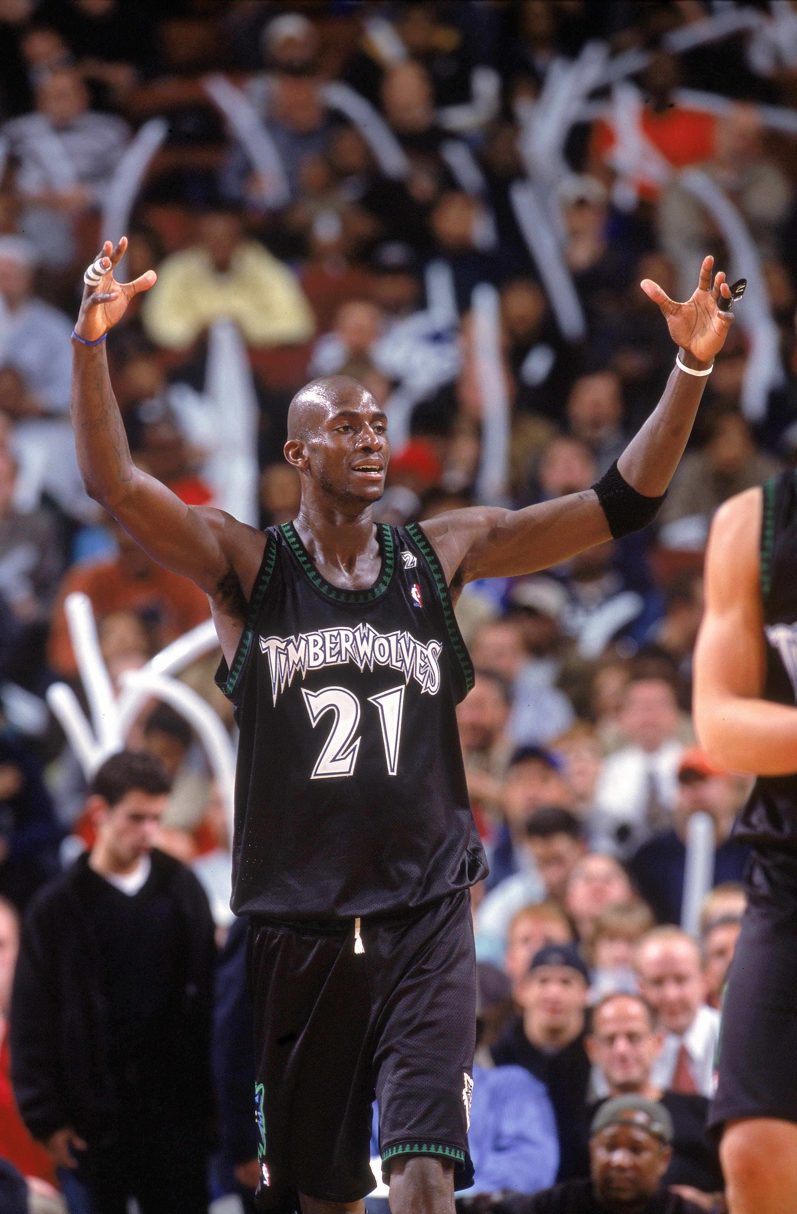11 Dec 2000:  Kevin Garnett #21 of the Minnesota Timberwolves reacts on the court during the game against the Philadelphia 76ers at the First Union Center in Philadelphia, Pennsylvania. The Timberwolves defeated the 76ers 96-91. NOTE TO USER: It is expres