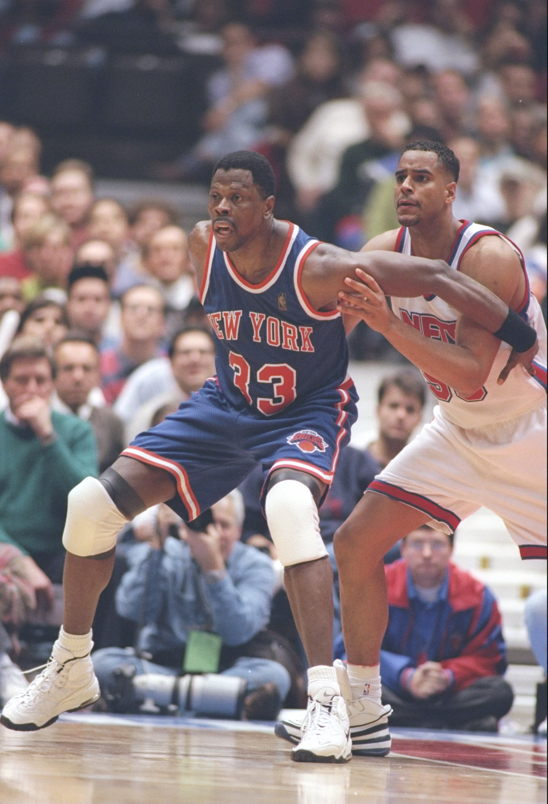 4 Dec 1996:  Center Patrick Ewing of the New York Knicks fights for position during a game against the New Jersey Nets at the Continential Airlines Arena in East Rutherford, New Jersey.  The Knicks won the game 109-102. Mandatory Credit: Al Bello  /Allspo
