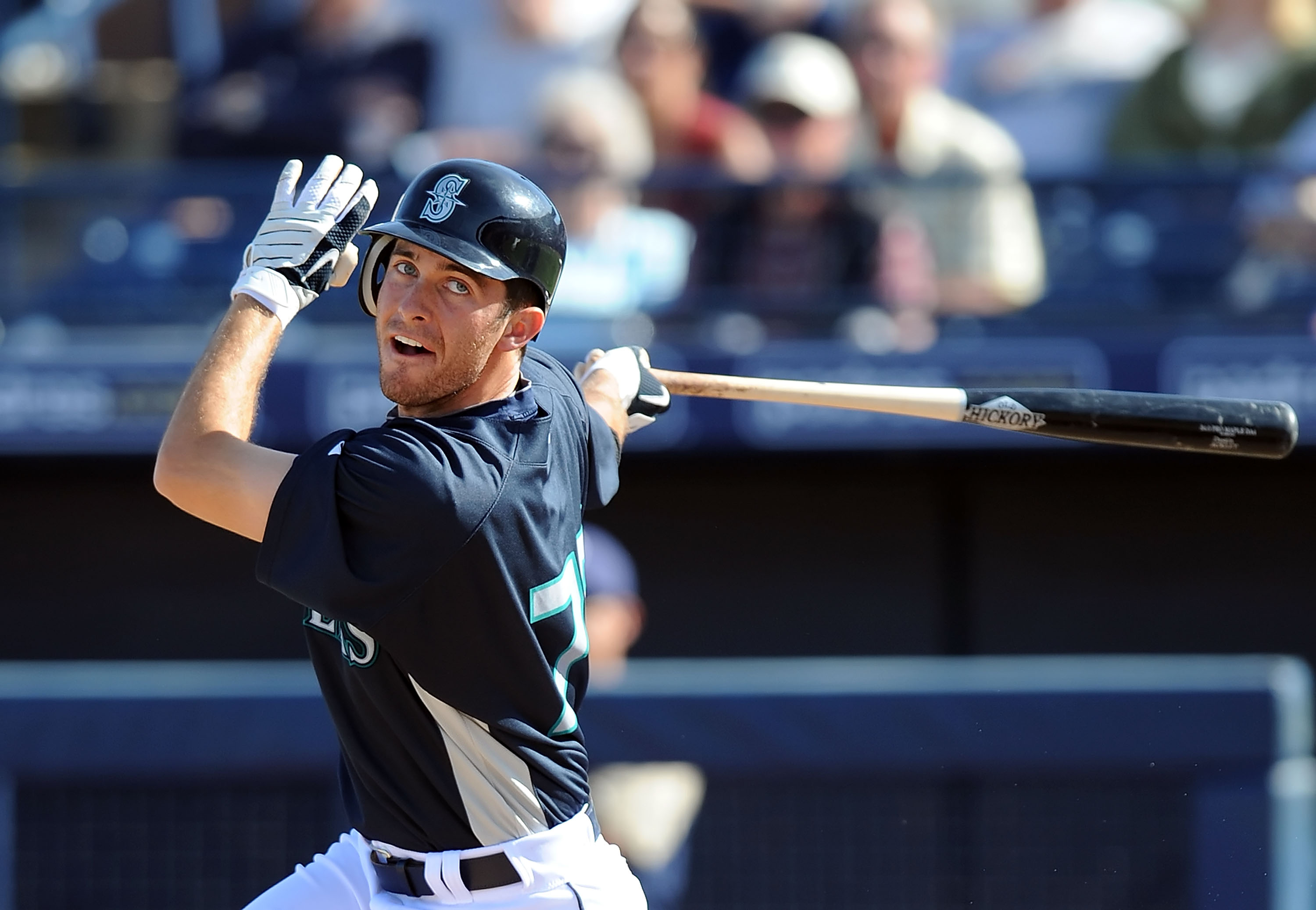PEORIA, AZ - MARCH 05:  Dustin Ackley #75 of the Seattle Mariners at bat during a Spring Training game against the San Diego Padres on March 5, 2010 in Peoria, Arizona.  (Photo by Lisa Blumenfeld/Getty Images)