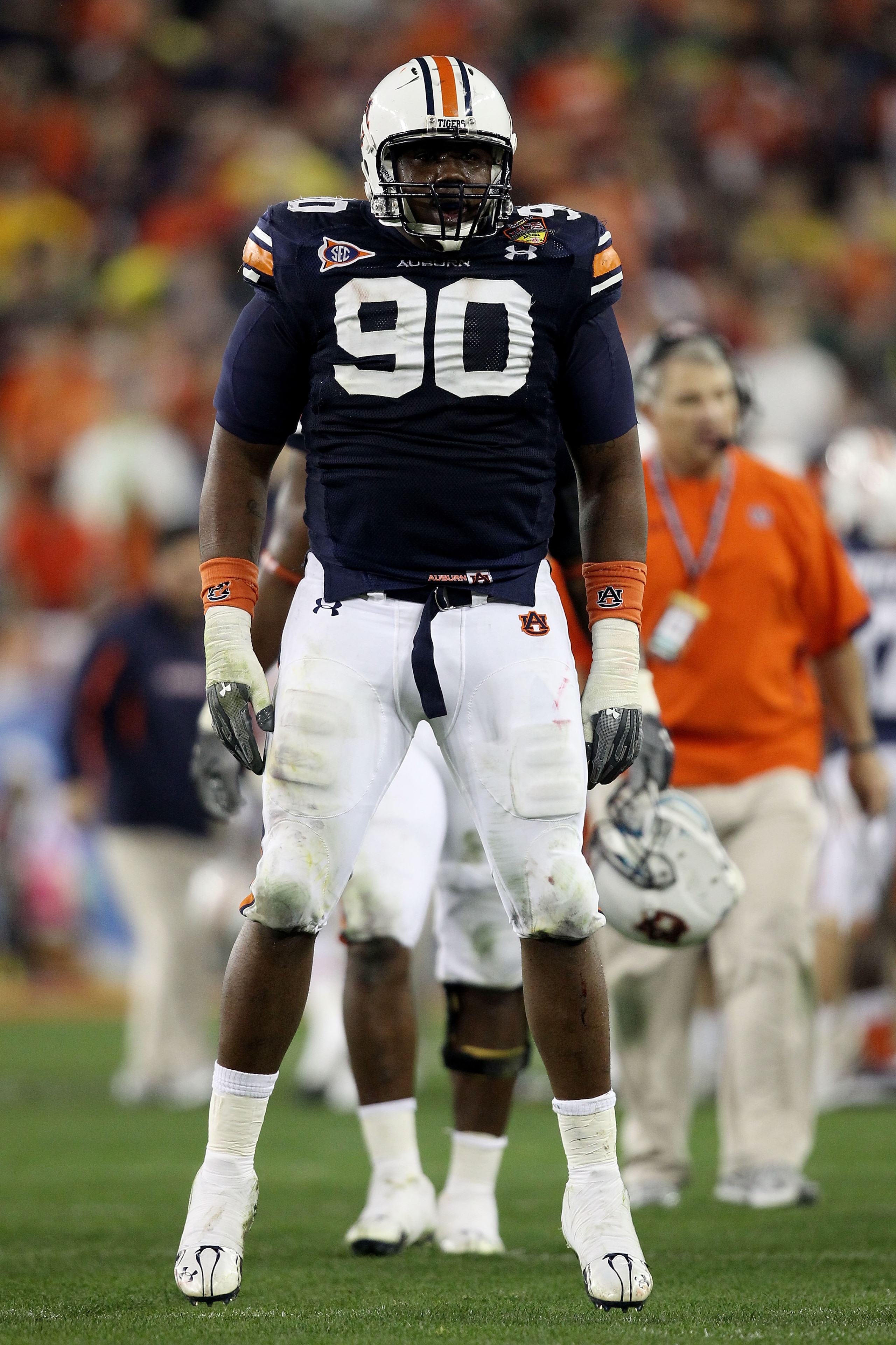 GLENDALE, AZ - JANUARY 10: Nick Fairley #90 of the Auburn Tigers celebrates a sack against the Oregon Ducks during the Tostitos BCS National Championship Game at University of Phoenix Stadium on January 10, 2011 in Glendale, Arizona. (Photo by Christian GLENDALE, AZ - JANUARY 10: Nick Fairley #90 of the Auburn Tigers celebrates a sack against the Oregon Ducks during the Tostitos BCS National Championship Game at University of Phoenix Stadium on January 10, 2011 in Glendale, Arizona. (Photo by Christian