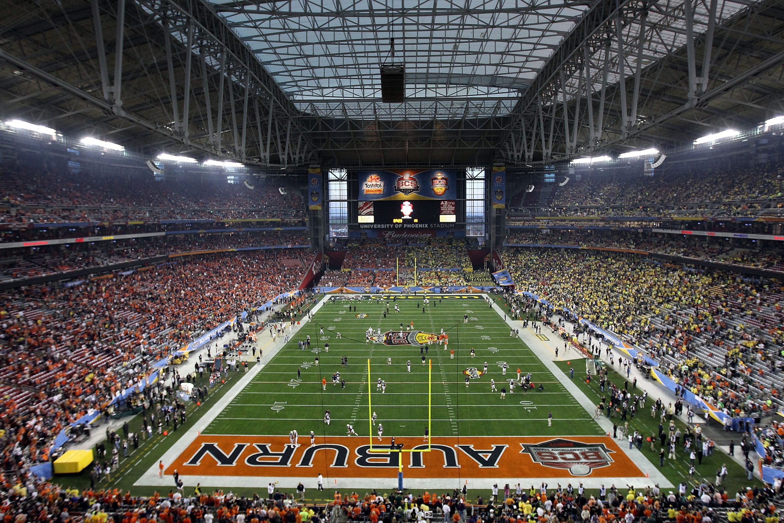 GLENDALE, AZ - JANUARY 10:  A general view of the scoreboard before the Tostitos BCS National Championship Game between the Oregon Ducks and the Auburn Tigers at University of Phoenix Stadium on January 10, 2011 in Glendale, Arizona.  (Photo by Christian