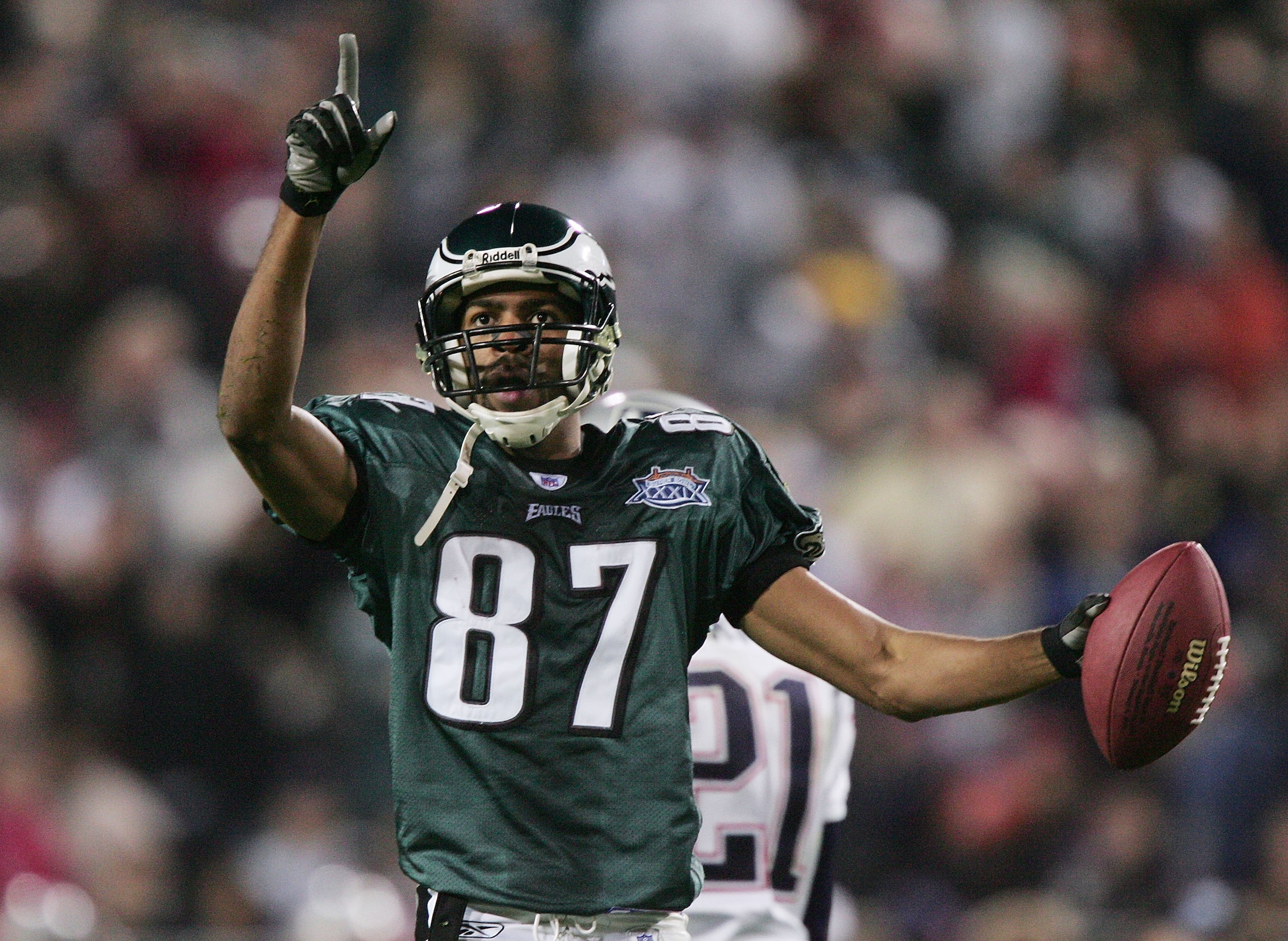 JACKSONVILLE, FL - FEBRUARY 6:  Wide receiver Todd Pinkston #87 of the Philadelphia Eagles celebrates after catching a 40-yard pass against the New England Patriots in the second quarter during Super Bowl XXXIX at Alltel Stadium on February 6, 2005 in Jac