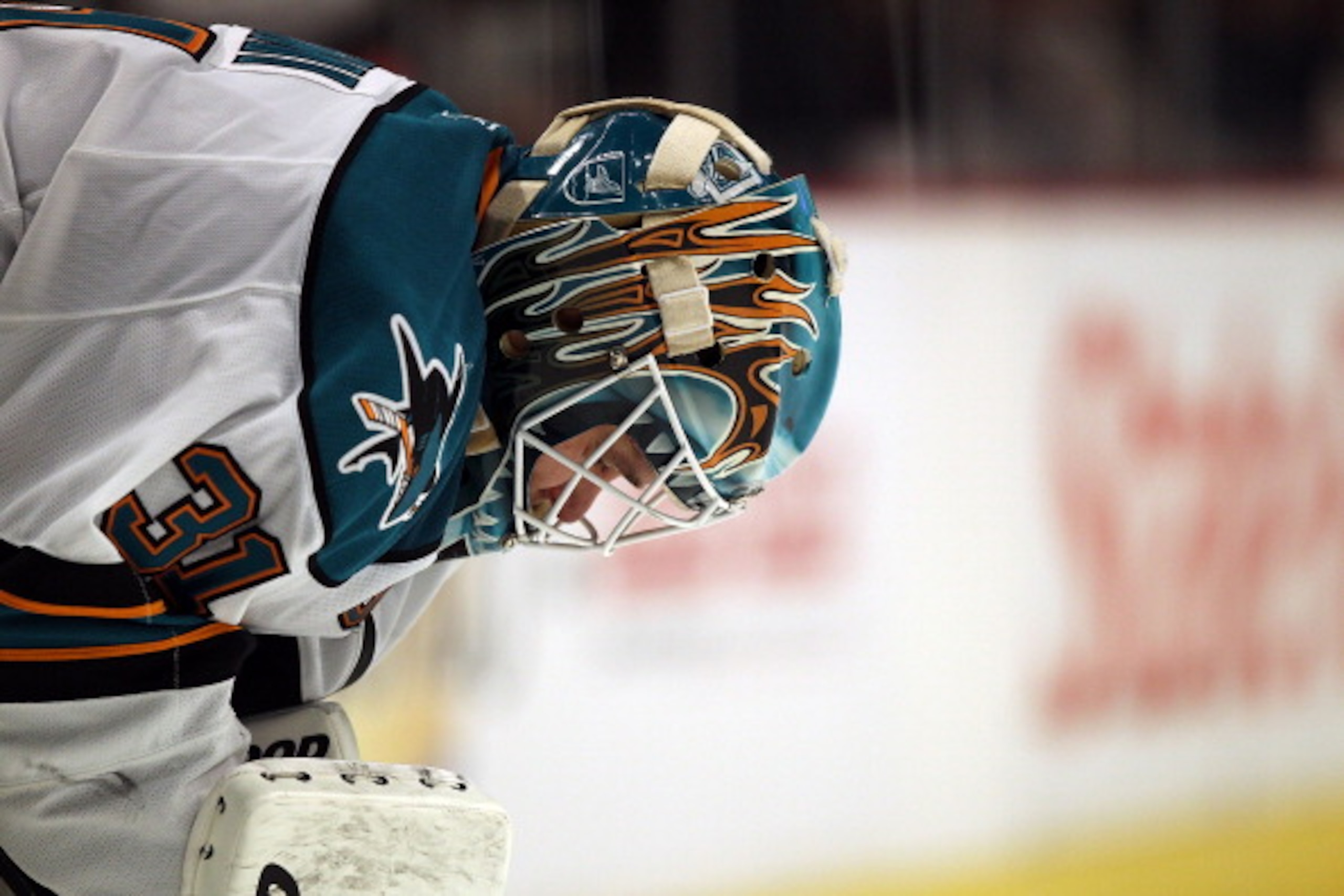 CHICAGO, IL - DECEMBER 30: Antti Niemi #31 of the San Jose Sharks takes a break during a game against the Chicago Blackhawks at the United Center on December 30, 2010 in Chicago, Illinois. The Sharks defeated the Blackhawks 5-3. (Photo by Jonathan Daniel/