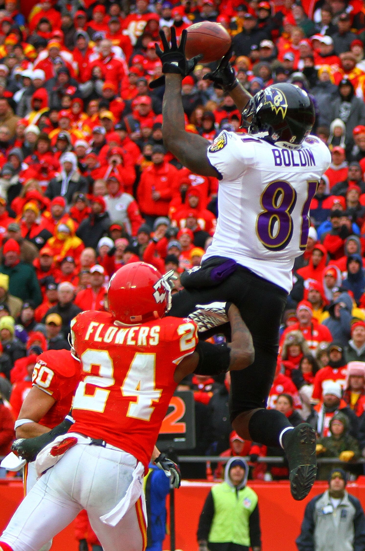 KANSAS CITY, MO - JANUARY 09: Wide receiver Anquan Boldin #81 of the Baltimore Ravens makes a catche for a touchdown in the third quarter of the 2011 AFC wild card playoff game against the Kansas City Chiefs at Arrowhead Stadium on January 9, 2011 in Kan KANSAS CITY, MO - JANUARY 09: Wide receiver Anquan Boldin #81 of the Baltimore Ravens makes a catche for a touchdown in the third quarter of the 2011 AFC wild card playoff game against the Kansas City Chiefs at Arrowhead Stadium on January 9, 2011 in Kan