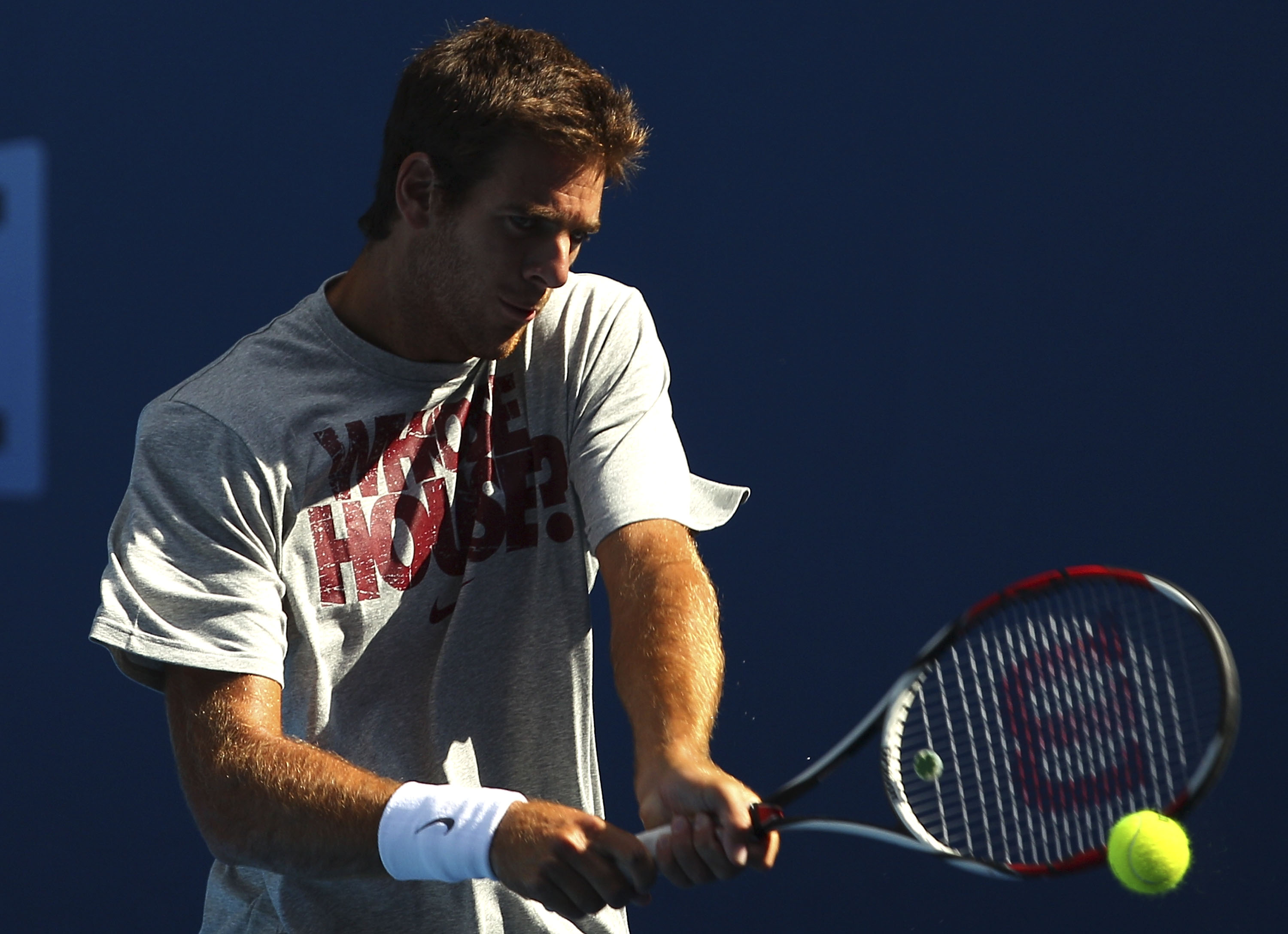 MELBOURNE, AUSTRALIA - JANUARY 14:  Juan Martin Del Potro of Argentina hits a backhand shot  during a practice session during a practice session ahead of the 2011 Australian Open at Melbourne Park on January 14, 2011 in Melbourne, Australia.  (Photo by Lu