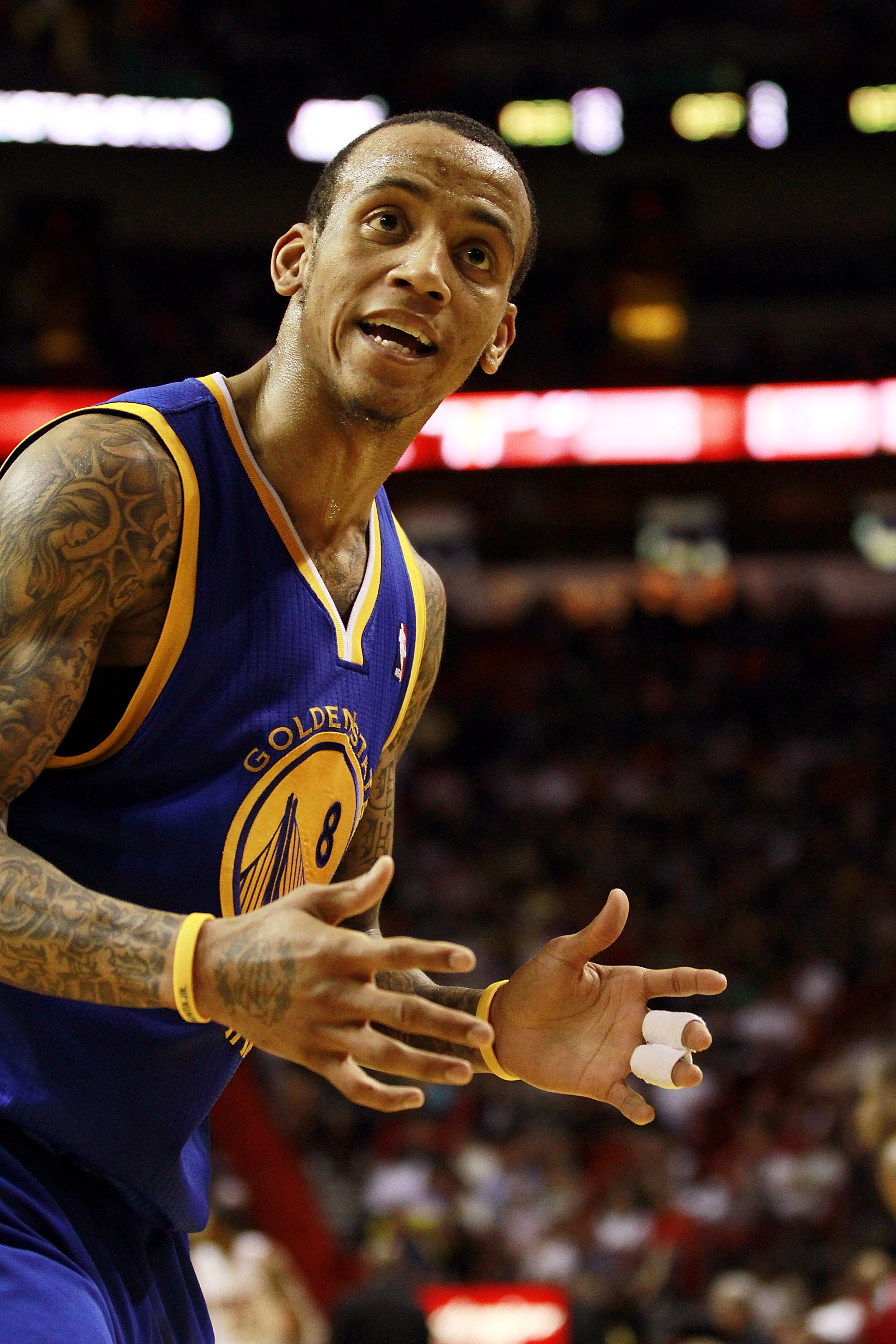MIAMI, FL - JANUARY 01:  Guard Monta Ellis # 8 of the Golden State Warriors during a game against the Miami Heat at American Airlines Arena on January 1, 2011 in Miami, Florida.  NOTE TO USER: User expressly acknowledges and agrees that, by downloading an