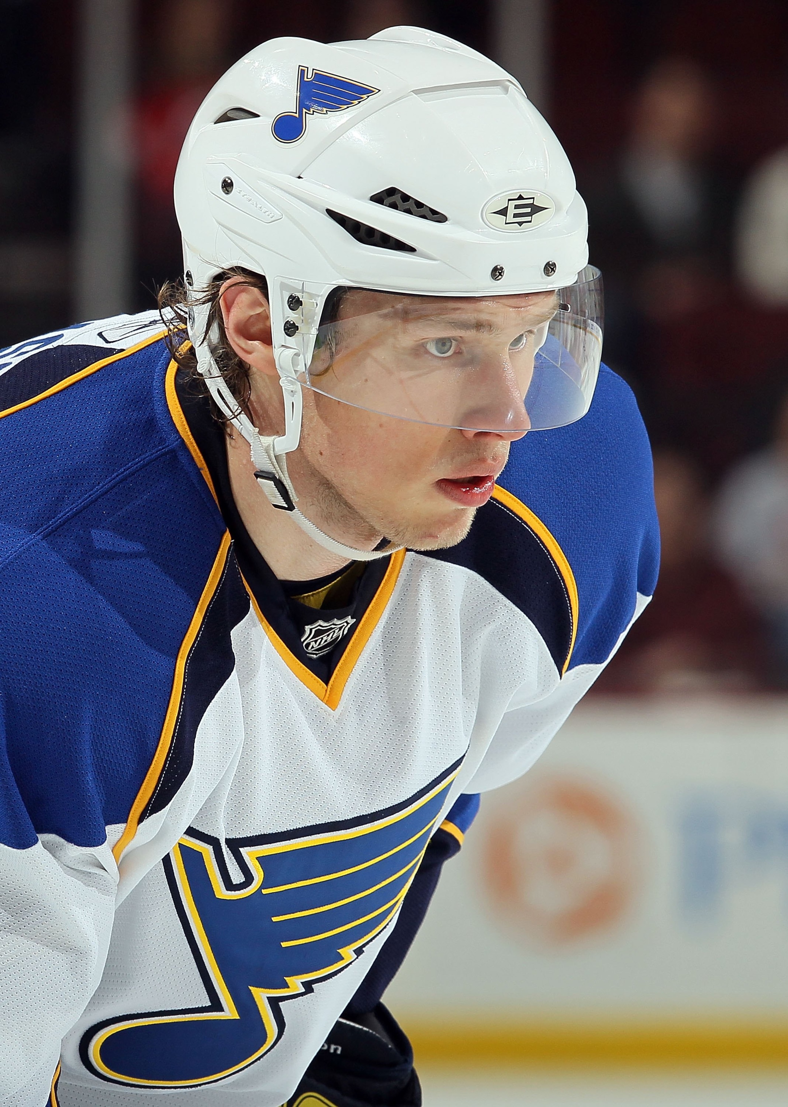 NEWARK, NJ - MARCH 20:  Erik Johnson #6 of the St. Louis Blues looks on against the New Jersey Devils at the Prudential Center on March 20, 2010 in Newark, New Jersey. The Blues defeated the Devils 1-0.  (Photo by Jim McIsaac/Getty Images)