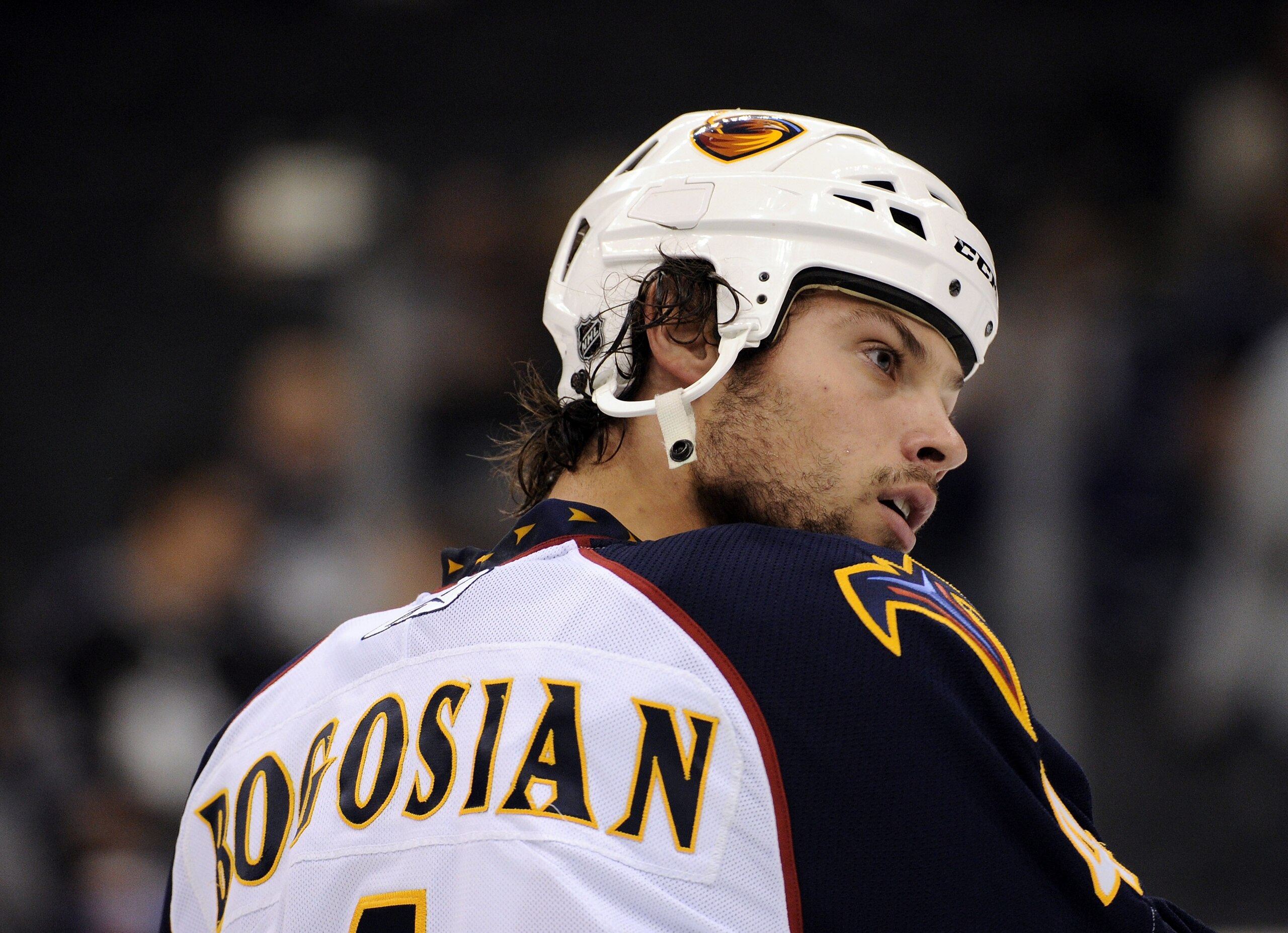 LOS ANGELES, CA - OCTOBER 12:  Zach Bogosian #4 of the Atlanta Thrashers warms up before the game against the Los Angeles Kings at the Staples Center on October 12, 2010 in Los Angeles, California.  (Photo by Harry How/Getty Images)
