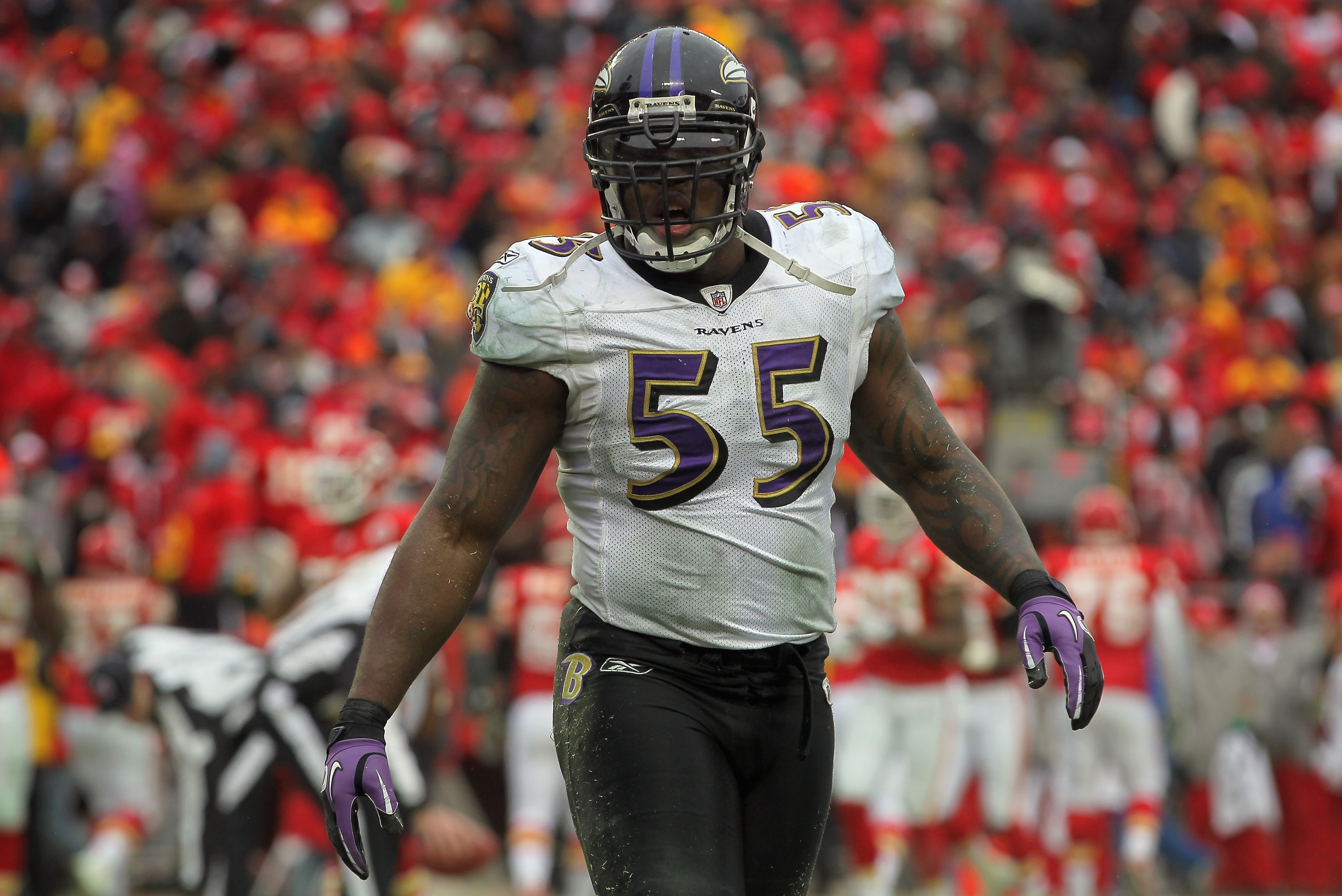 KANSAS CITY, MO - JANUARY 09: Linebacker Terrell Suggs #55 of the Baltimore Ravens pauses during a break in the action against the Kansas City Chiefs during their 2011 AFC wild card playoff game at Arrowhead Stadium on January 9, 2011 in Kansas City, Mis KANSAS CITY, MO - JANUARY 09: Linebacker Terrell Suggs #55 of the Baltimore Ravens pauses during a break in the action against the Kansas City Chiefs during their 2011 AFC wild card playoff game at Arrowhead Stadium on January 9, 2011 in Kansas City, Mis