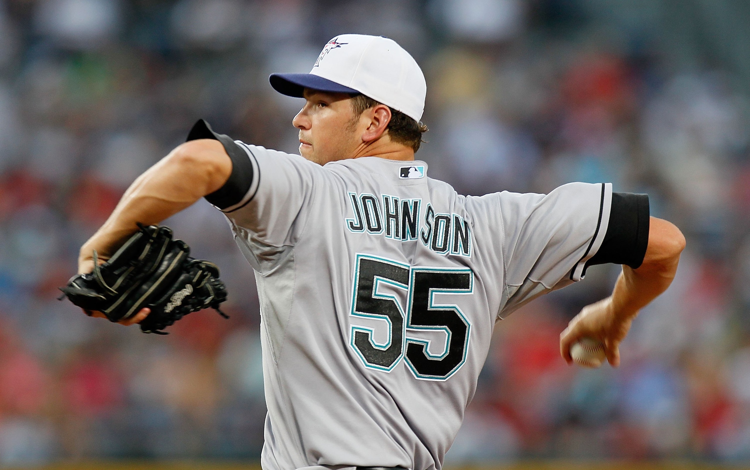 ATLANTA - JULY 02:  Pitcher Josh Johnson #55 of the Florida Marlins against the Atlanta Braves at Turner Field on July 2, 2010 in Atlanta, Georgia.  (Photo by Kevin C. Cox/Getty Images)