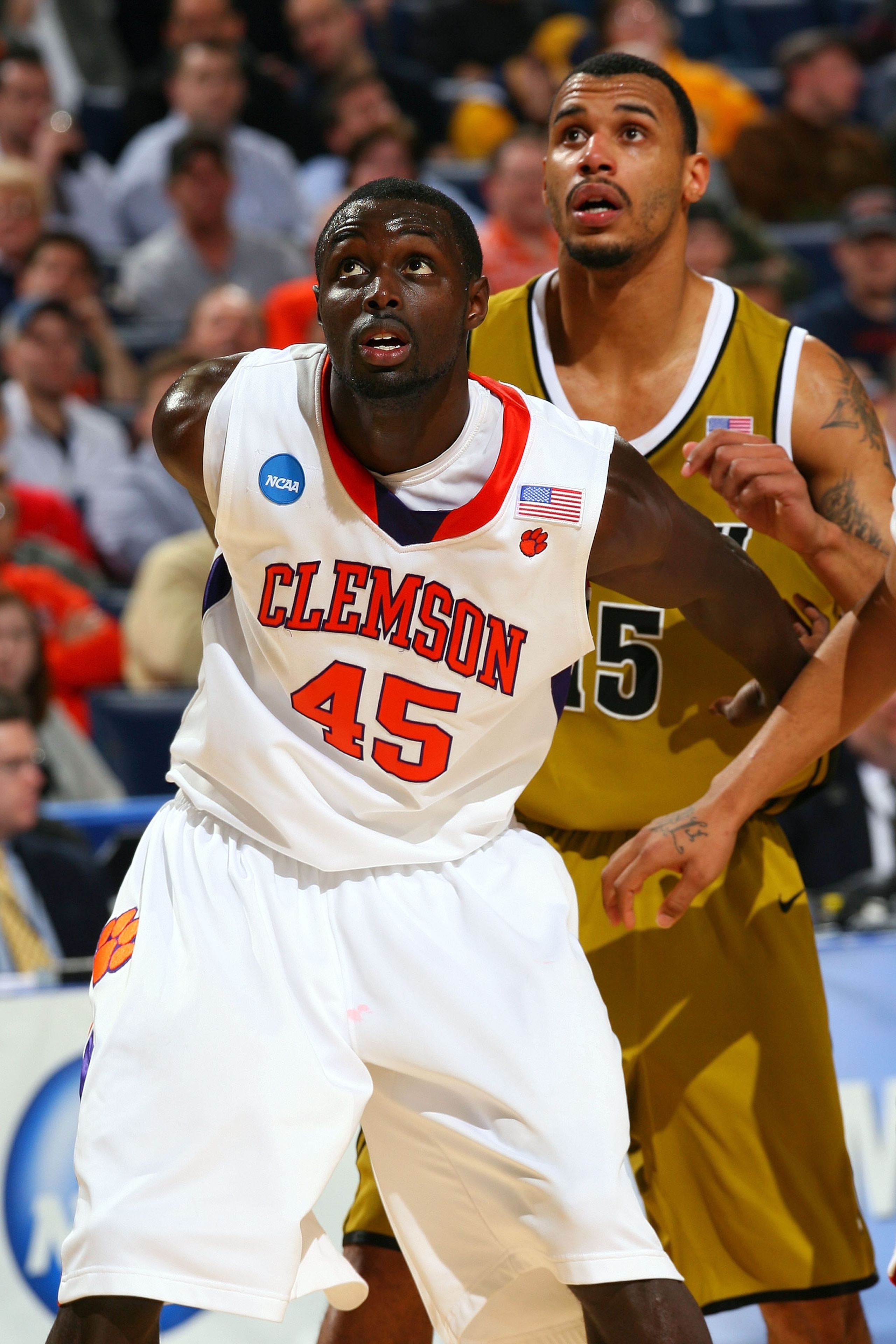 BUFFALO, NY - MARCH 19:  Jerai Grant #45 of the Clemson Tigers boxes out against Keith Ramsey #15 of the Missouri Tigers during the first round of the 2010 NCAA men's basketball tournament at HSBC Arena on March 19, 2010 in Buffalo, New York.  (Photo by R