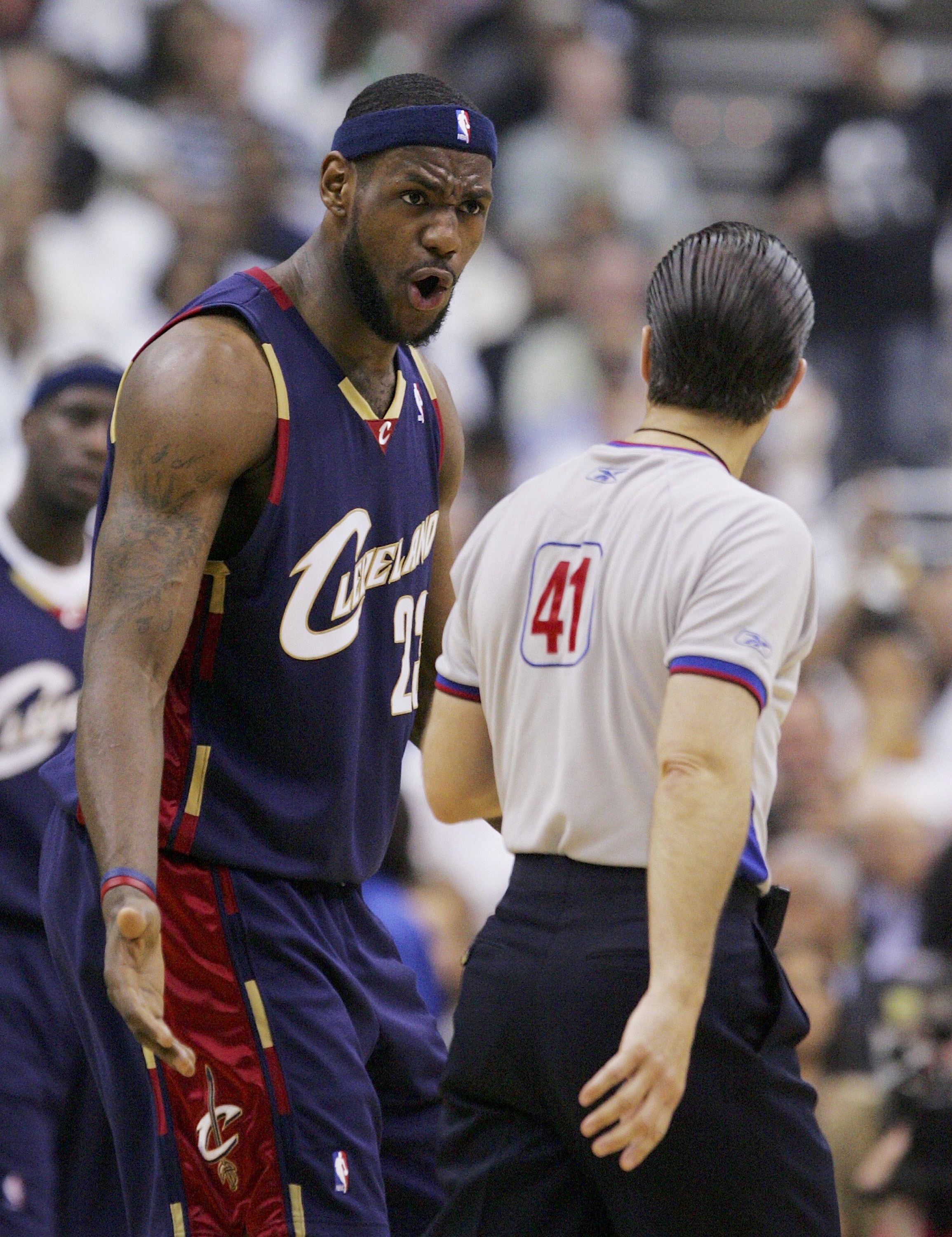 WASHINGTON - MAY 05:  LeBron James #23 of the Cleveland Cavaliers argues a call with the referee Ken Mauer #41 in game six of the Eastern Conference Quarterfinals against the Washington Wizards during the 2006 NBA Playoffs on May 5, 2006 at the Verizon Ce