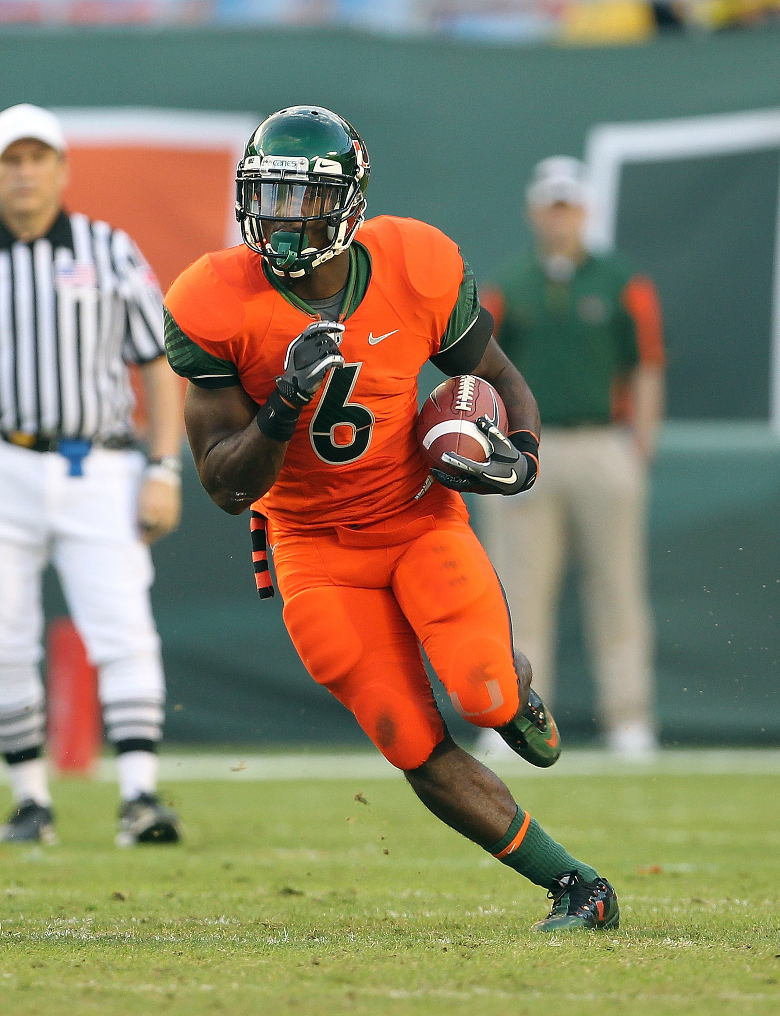 MIAMI - NOVEMBER 20: Lamar Miller #6 of the Miami Hurricanes runs for a touchdown during a game against the Virginia Tech Hokies at Sun Life Stadium on November 20, 2010 in Miami, Florida. (Photo by Mike Ehrmann/Getty Images) MIAMI - NOVEMBER 20: Lamar Miller #6 of the Miami Hurricanes runs for a touchdown during a game against the Virginia Tech Hokies at Sun Life Stadium on November 20, 2010 in Miami, Florida. (Photo by Mike Ehrmann/Getty Images)