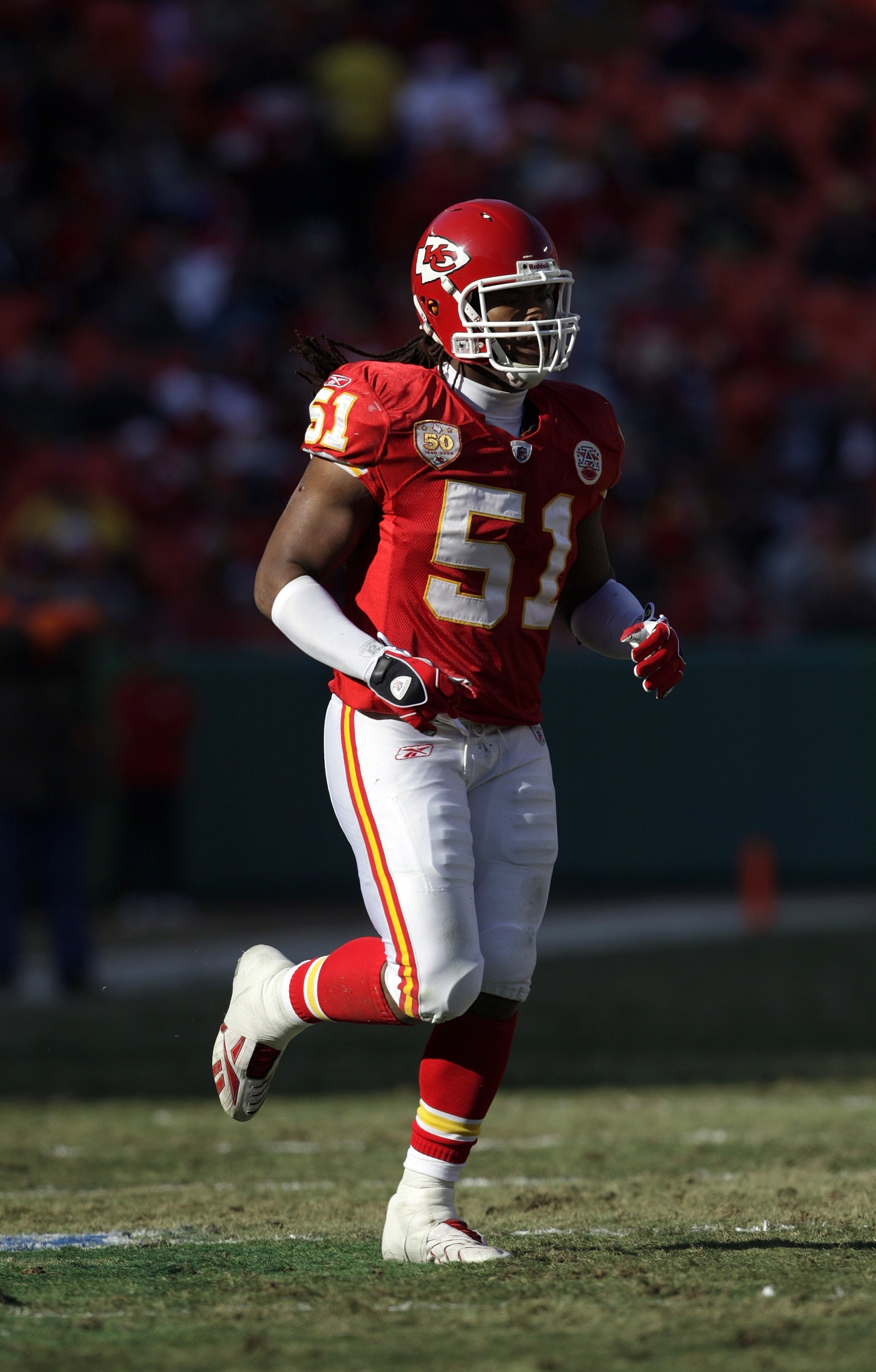 Kansas City Chiefs linebacker Corey Mays (51) watches a replay on the  scoreboard in the first